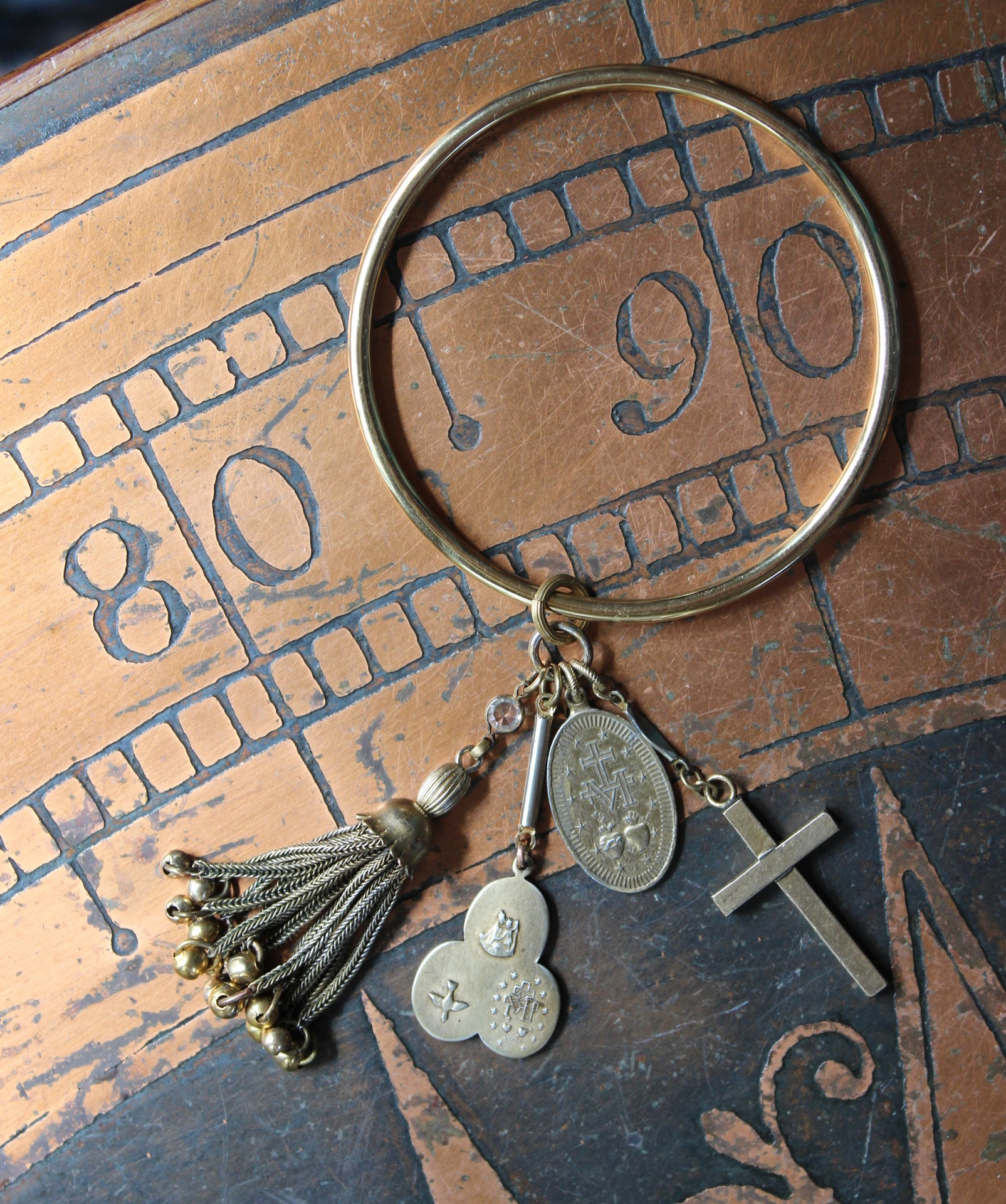 14K Italian Gold Bangle Bracelet w/Antique Marian Medal,Antique Foxtail Tassel,Rare Antique Sterling Vermeil Scapular Medal & Antique Engraved Rolled Gold Cross
