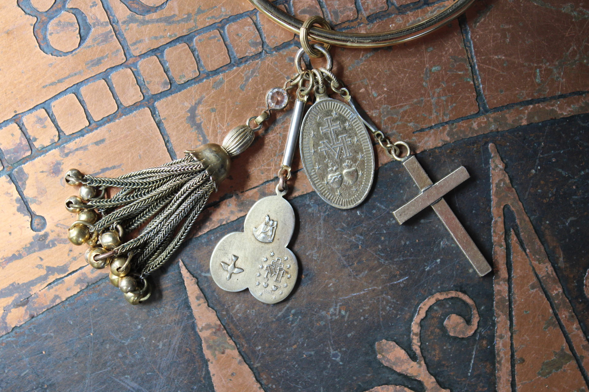 14K Italian Gold Bangle Bracelet w/Antique Marian Medal,Antique Foxtail Tassel,Rare Antique Sterling Vermeil Scapular Medal & Antique Engraved Rolled Gold Cross