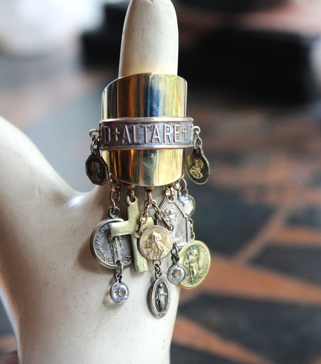 On the Altar of God Ring Wide Sterling Vermeil Band Ring,Tiny Antique French Medals and Cross,Tiny Bezel Set Rock Crystals