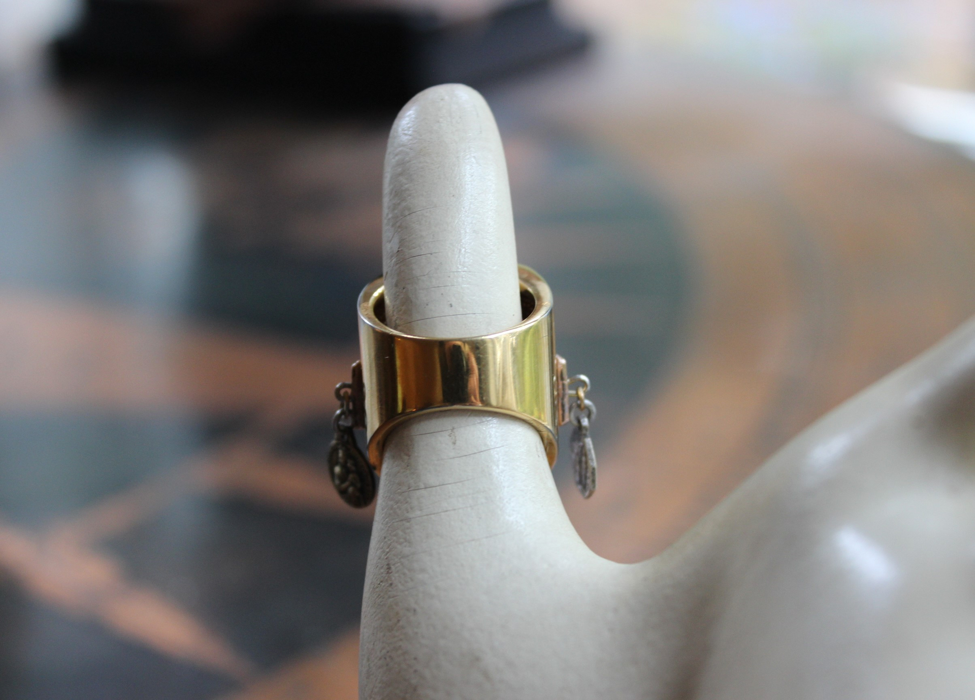 On the Altar of God Ring Wide Sterling Vermeil Band Ring,Tiny Antique French Medals and Cross,Tiny Bezel Set Rock Crystals