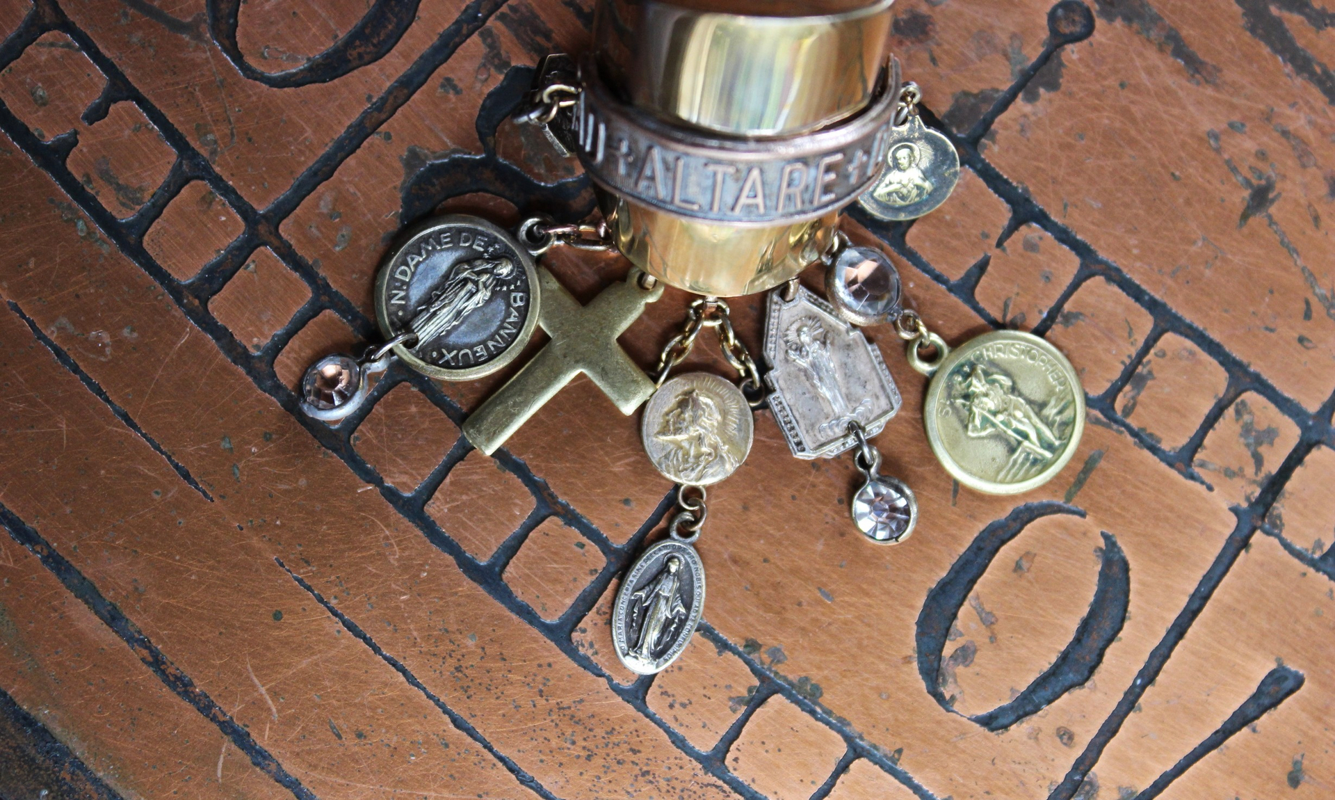 On the Altar of God Ring Wide Sterling Vermeil Band Ring,Tiny Antique French Medals and Cross,Tiny Bezel Set Rock Crystals