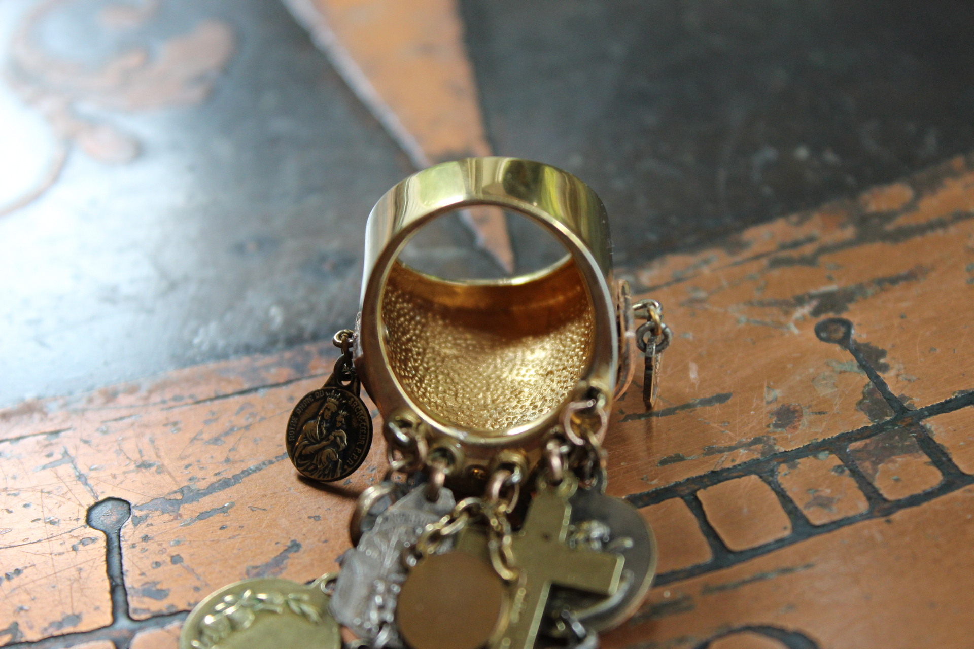 On the Altar of God Ring Wide Sterling Vermeil Band Ring,Tiny Antique French Medals and Cross,Tiny Bezel Set Rock Crystals