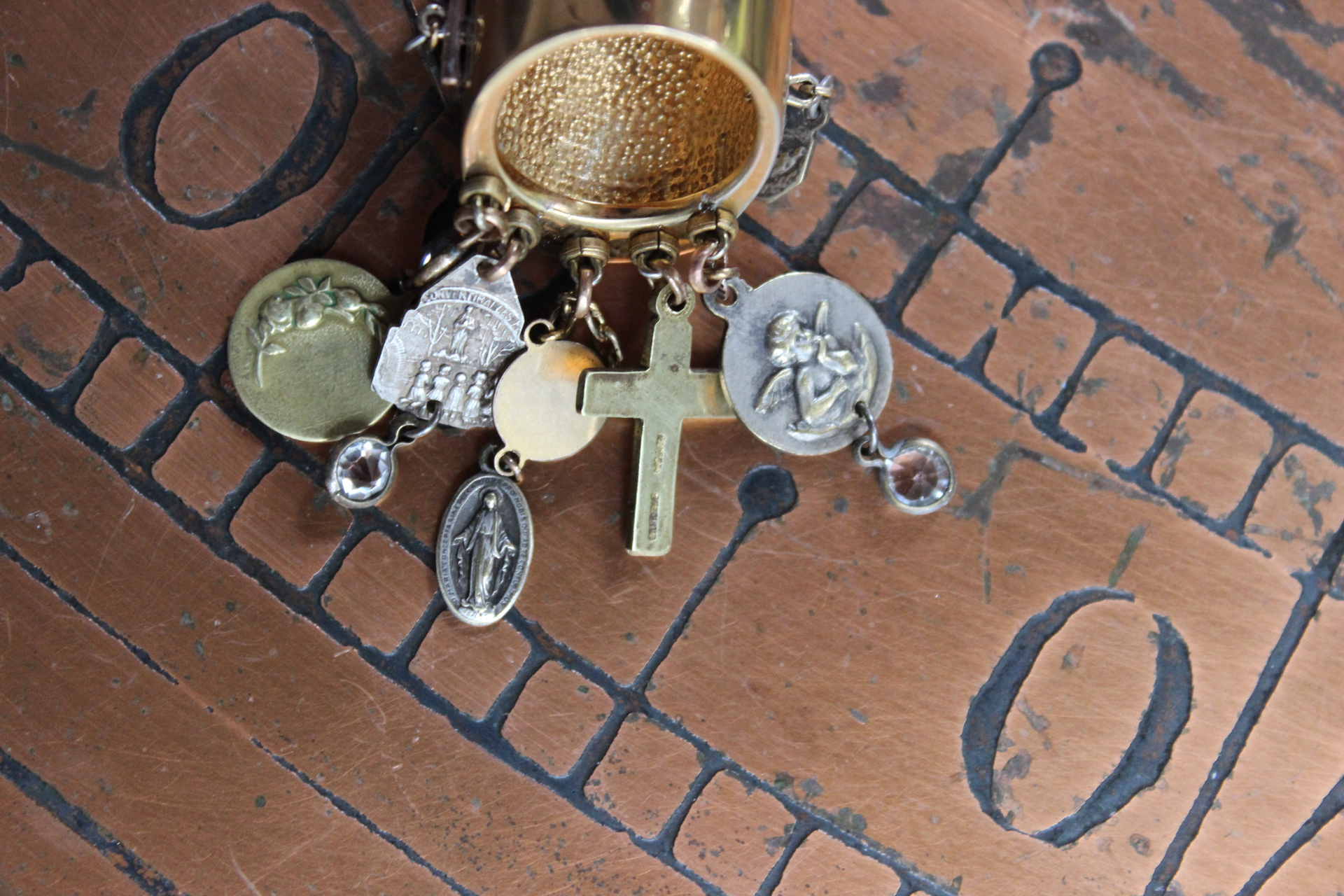 On the Altar of God Ring Wide Sterling Vermeil Band Ring,Tiny Antique French Medals and Cross,Tiny Bezel Set Rock Crystals