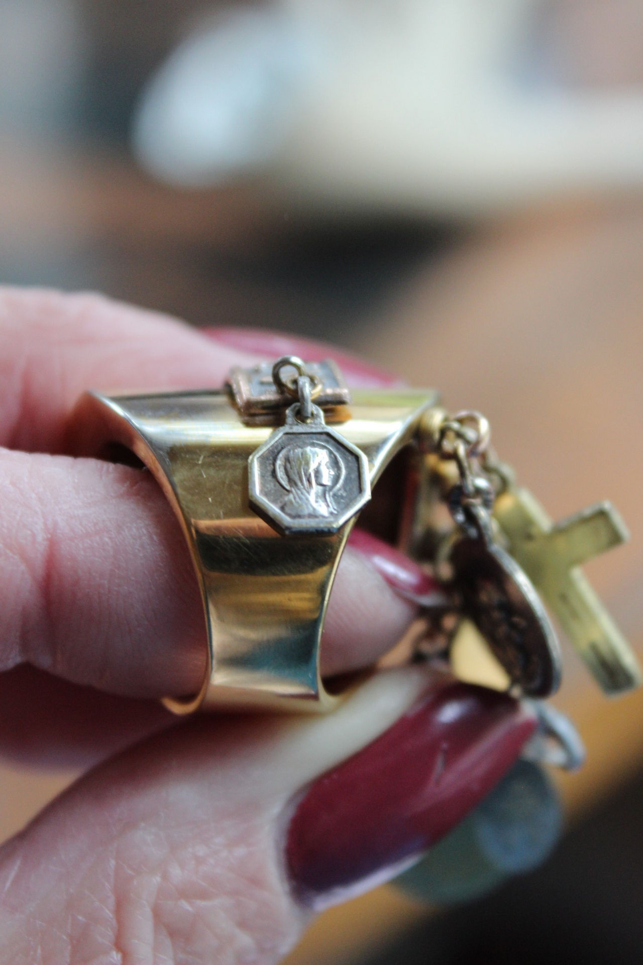 On the Altar of God Ring Wide Sterling Vermeil Band Ring,Tiny Antique French Medals and Cross,Tiny Bezel Set Rock Crystals