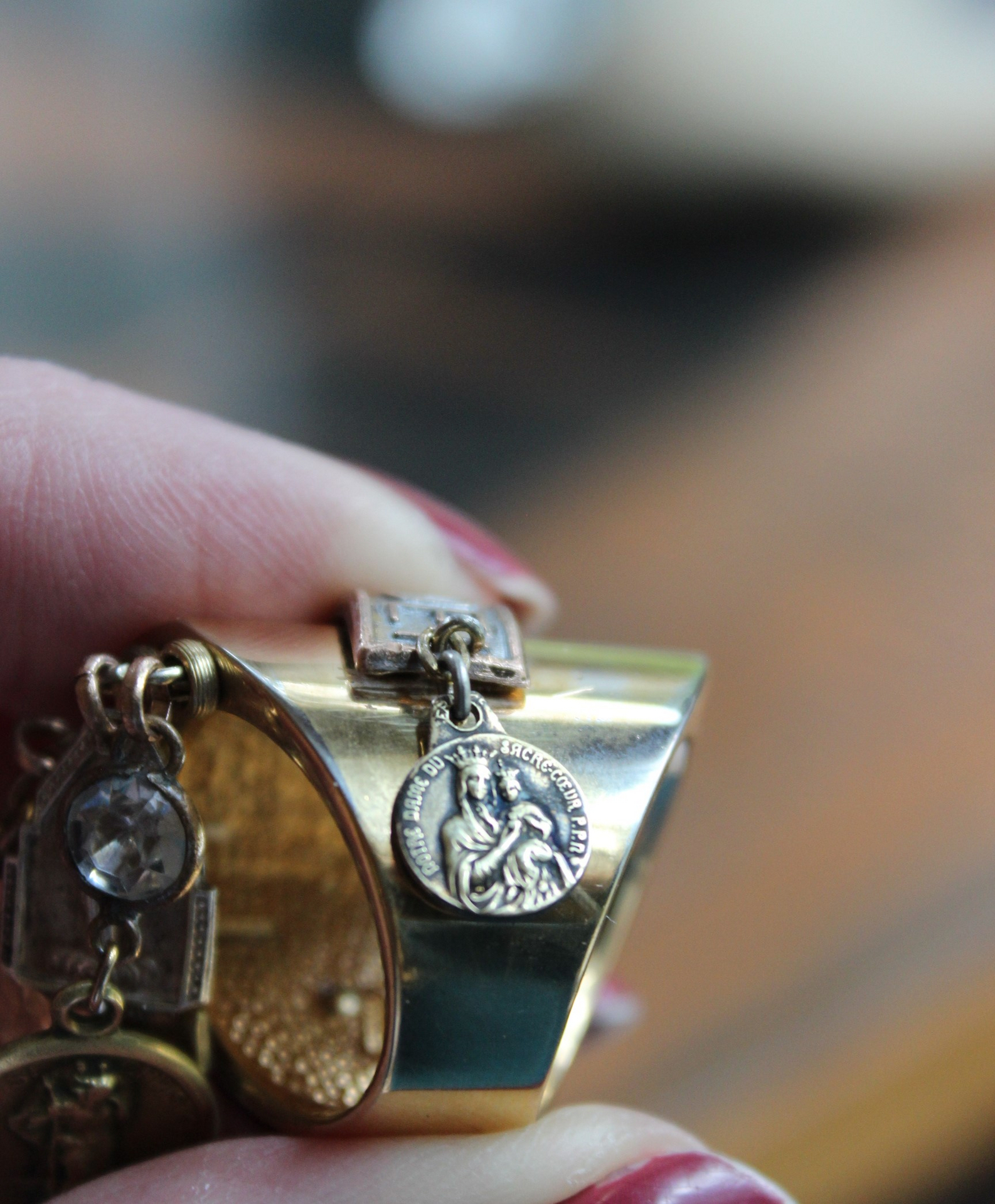 On the Altar of God Ring Wide Sterling Vermeil Band Ring,Tiny Antique French Medals and Cross,Tiny Bezel Set Rock Crystals