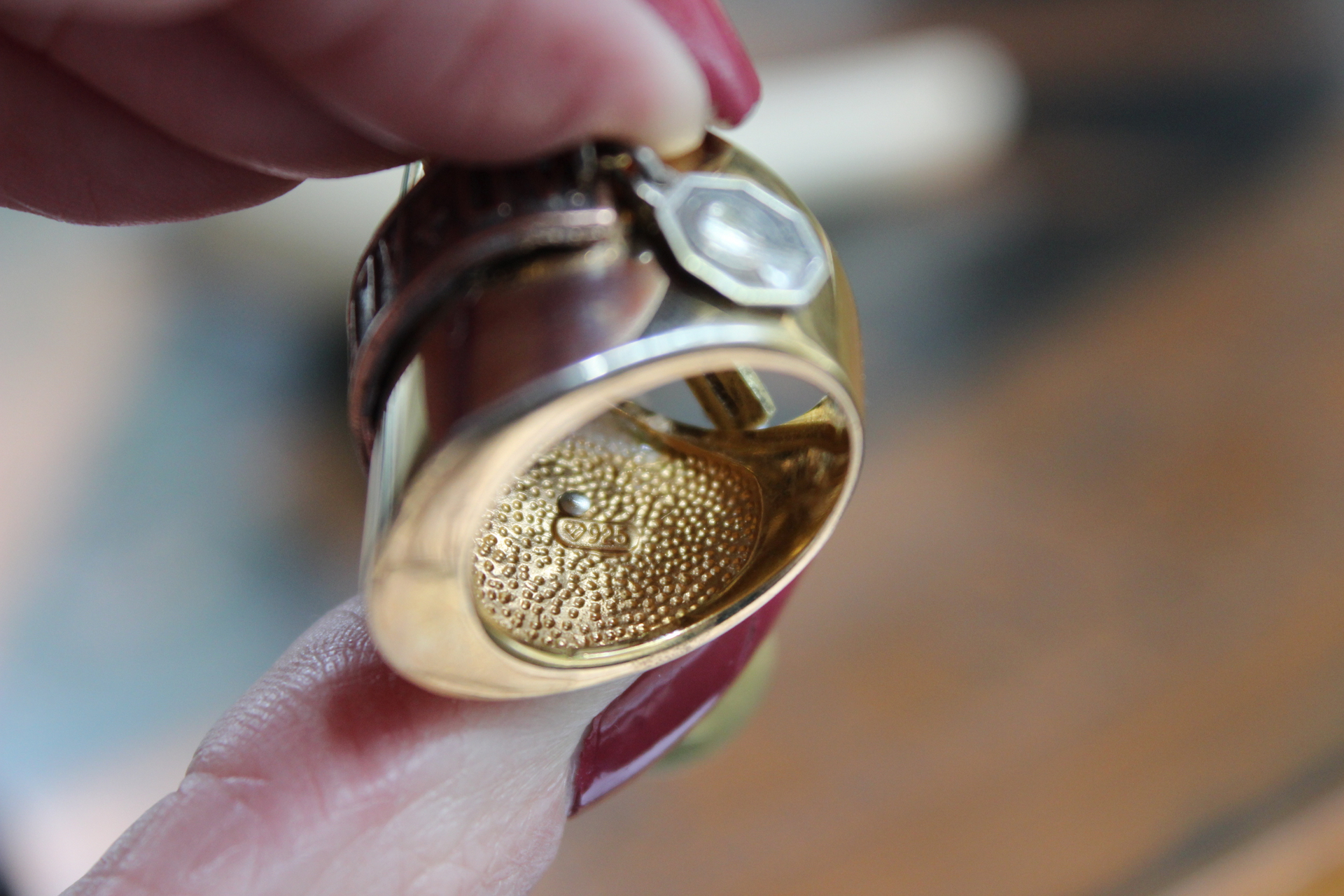On the Altar of God Ring Wide Sterling Vermeil Band Ring,Tiny Antique French Medals and Cross,Tiny Bezel Set Rock Crystals