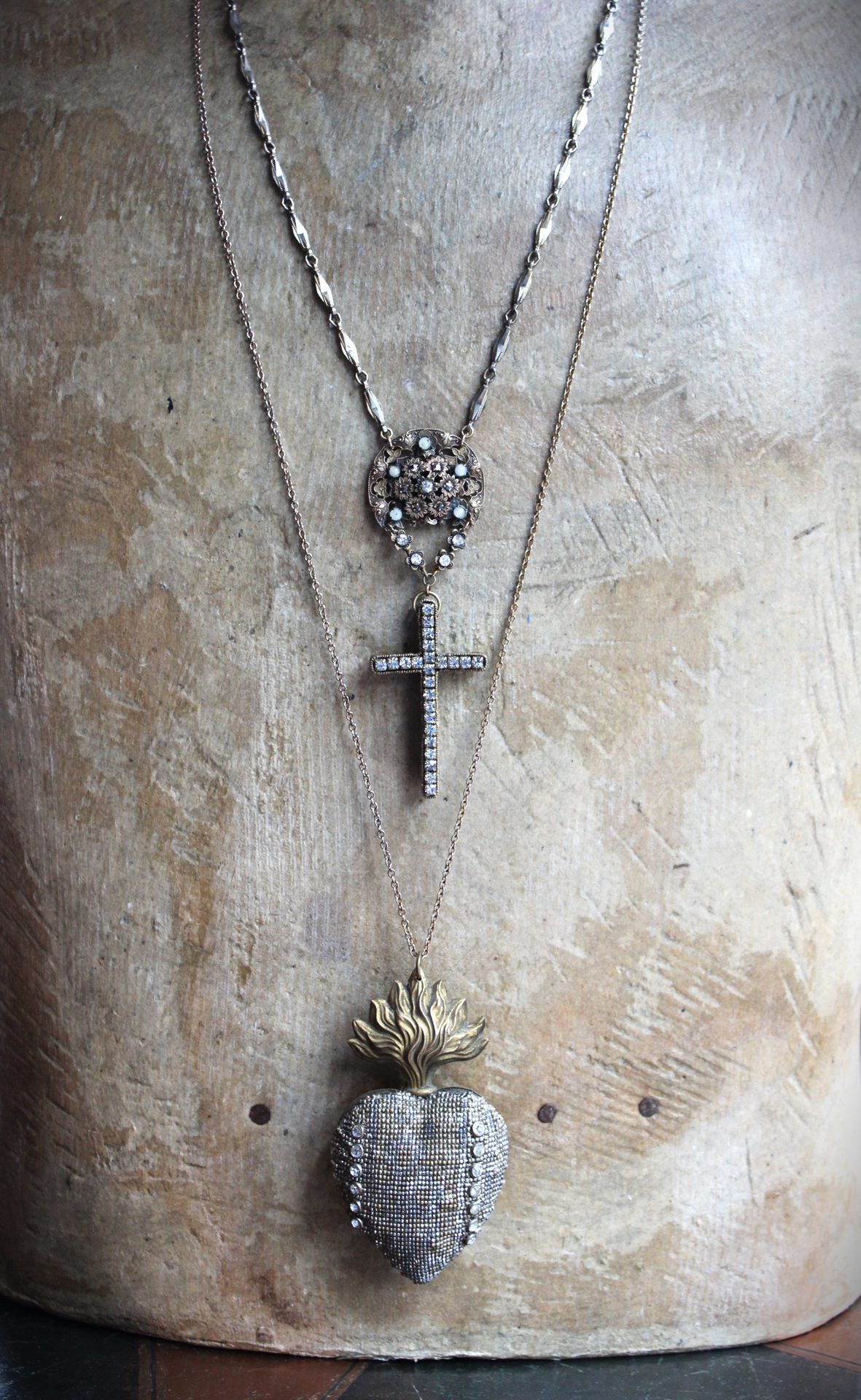 Unique Antique French Flaming Heart Ex Voto Locket & Cross Set w/Antique Faceted Prong Set Rhinestones, Filigree Connector, Embossed Bar Link Chain