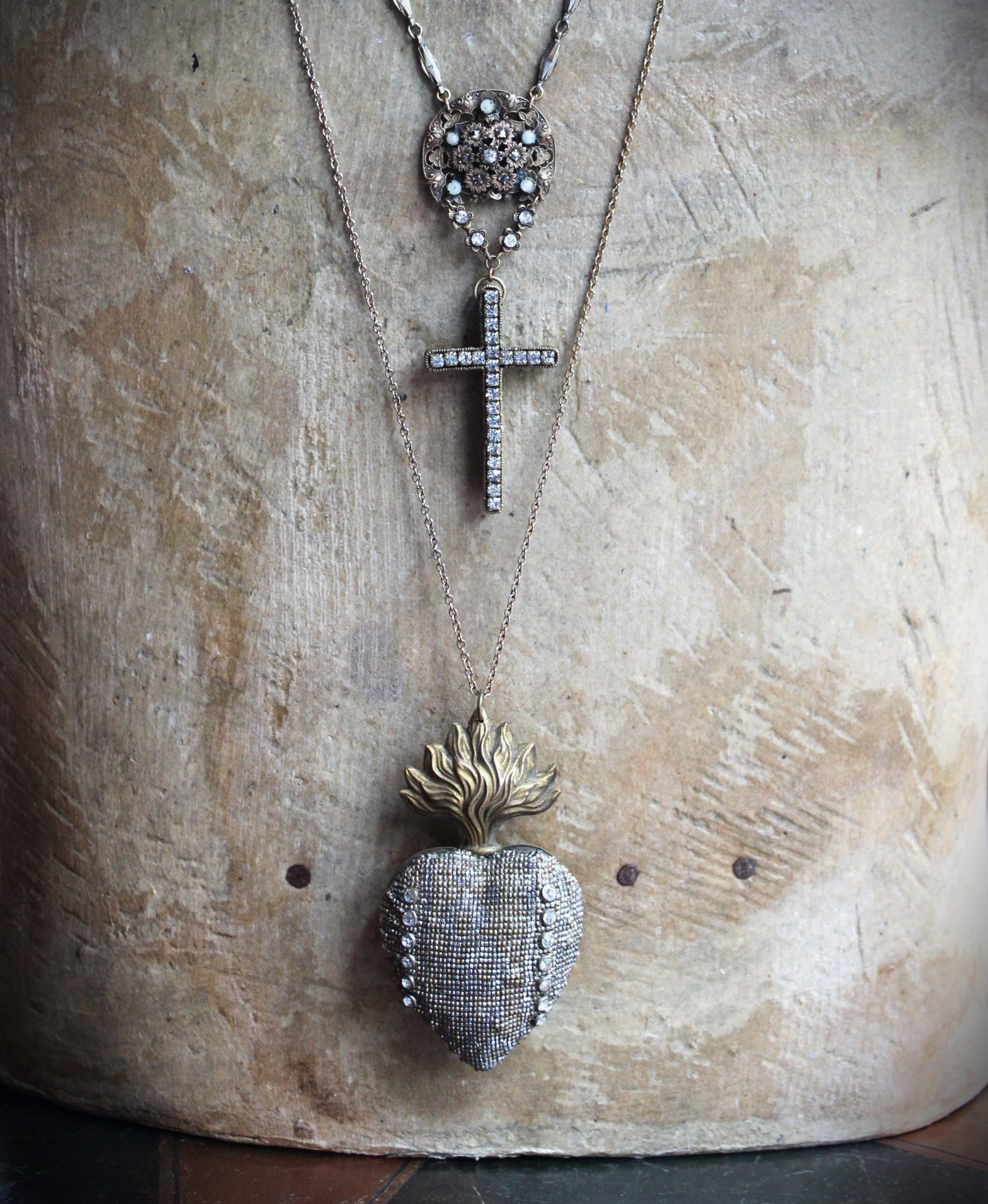 Unique Antique French Flaming Heart Ex Voto Locket & Cross Set w/Antique Faceted Prong Set Rhinestones, Filigree Connector, Embossed Bar Link Chain