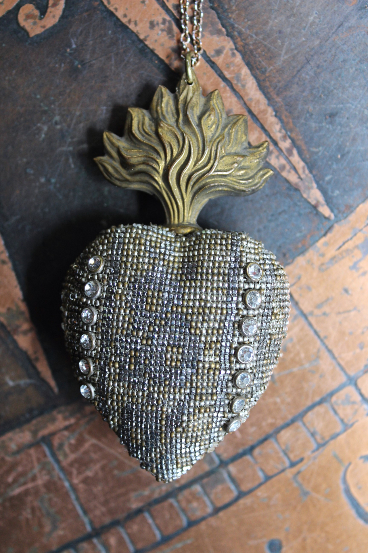 Unique Antique French Flaming Heart Ex Voto Locket & Cross Set w/Antique Faceted Prong Set Rhinestones, Filigree Connector, Embossed Bar Link Chain