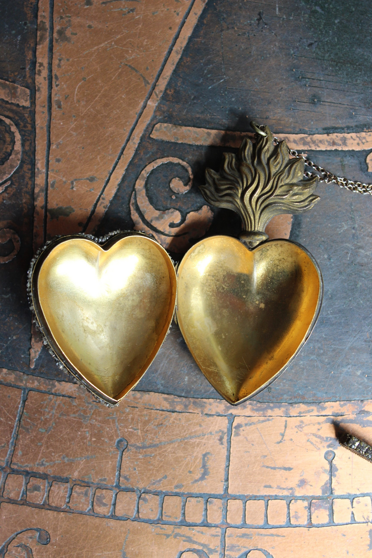 Unique Antique French Flaming Heart Ex Voto Locket & Cross Set w/Antique Faceted Prong Set Rhinestones, Filigree Connector, Embossed Bar Link Chain