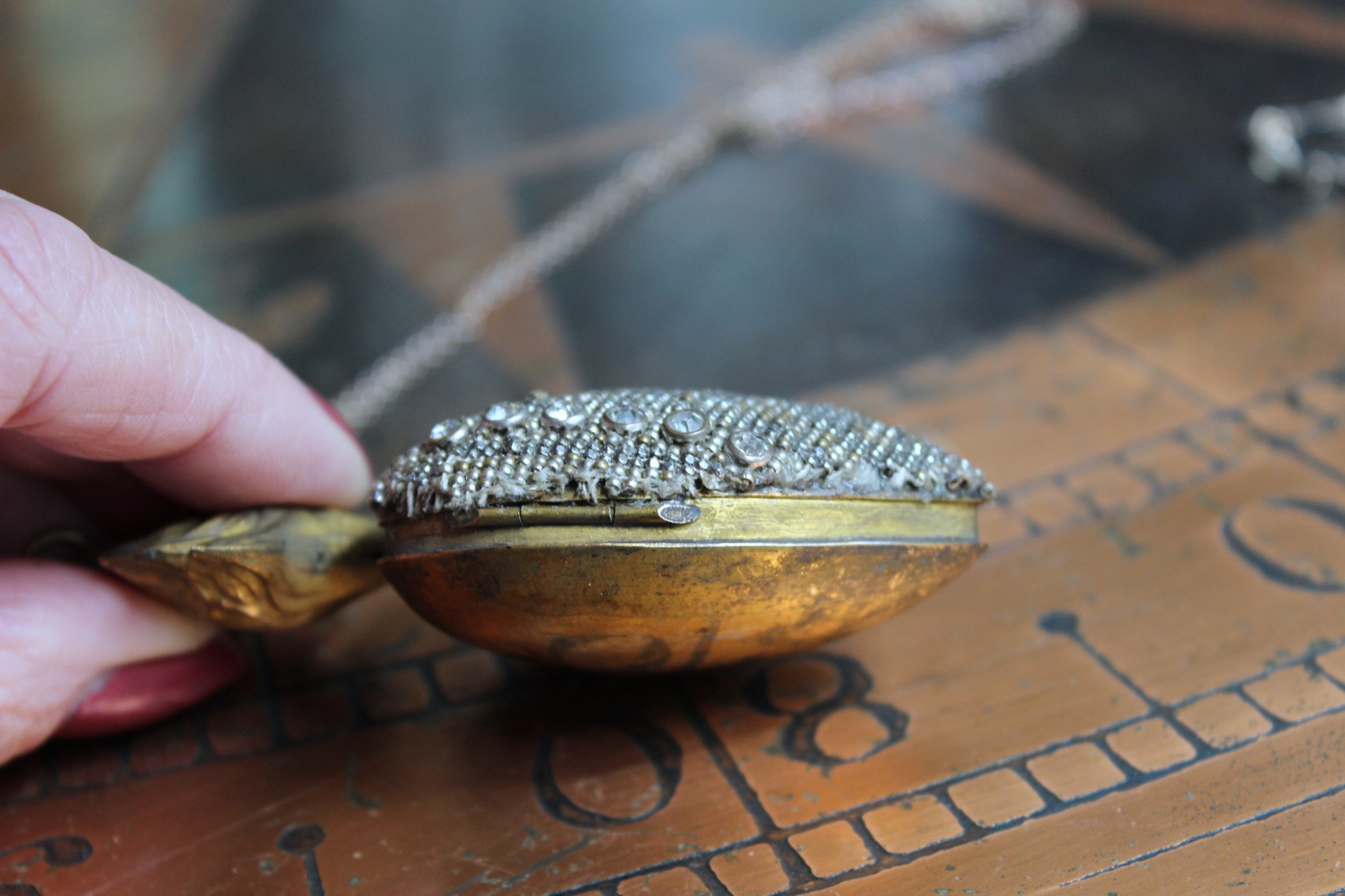 Unique Antique French Flaming Heart Ex Voto Locket & Cross Set w/Antique Faceted Prong Set Rhinestones, Filigree Connector, Embossed Bar Link Chain