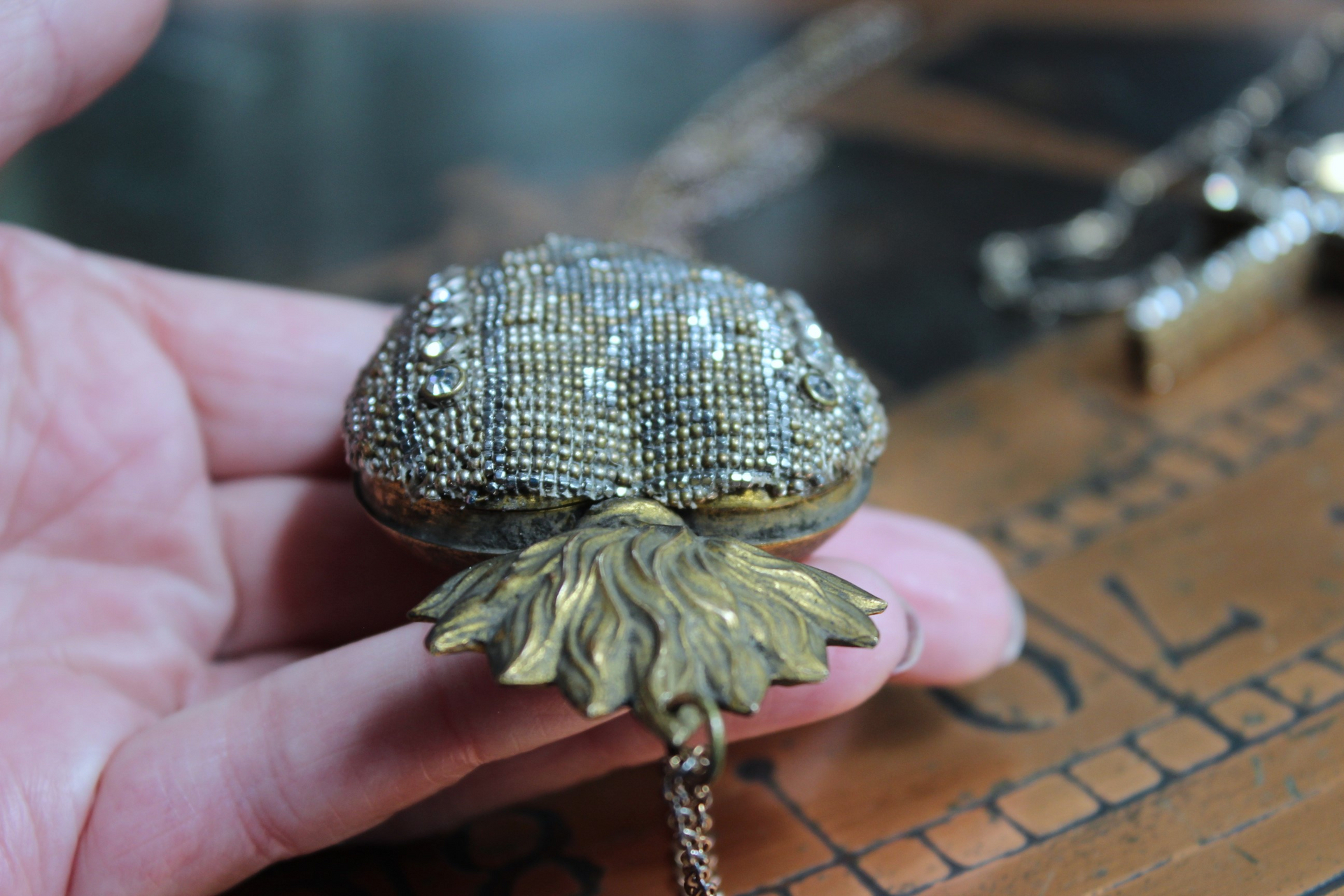 Unique Antique French Flaming Heart Ex Voto Locket & Cross Set w/Antique Faceted Prong Set Rhinestones, Filigree Connector, Embossed Bar Link Chain