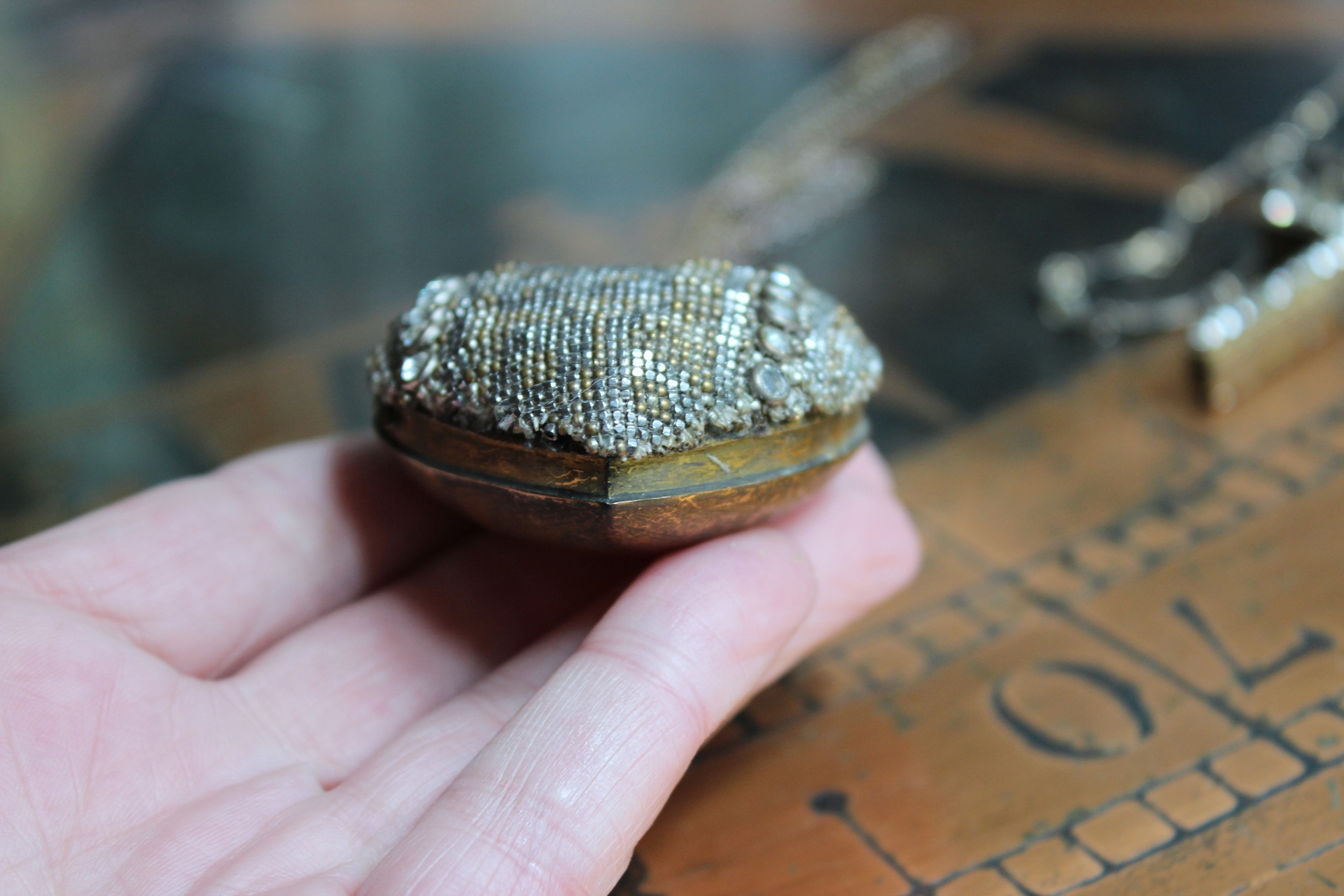 Unique Antique French Flaming Heart Ex Voto Locket & Cross Set w/Antique Faceted Prong Set Rhinestones, Filigree Connector, Embossed Bar Link Chain