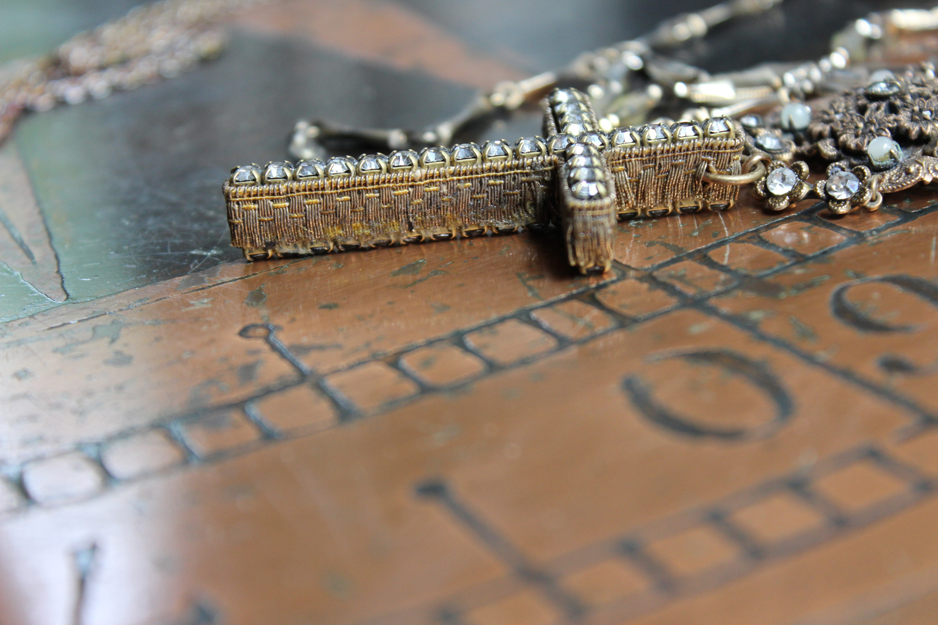 Unique Antique French Flaming Heart Ex Voto Locket & Cross Set w/Antique Faceted Prong Set Rhinestones, Filigree Connector, Embossed Bar Link Chain