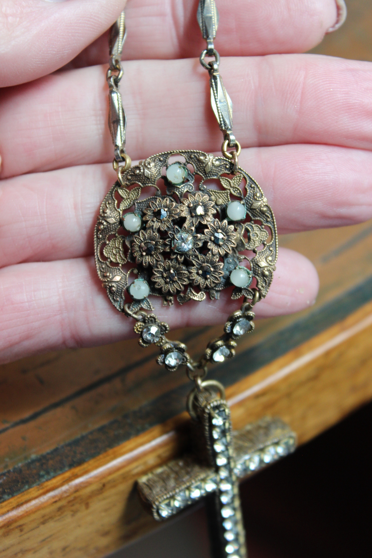 Unique Antique French Flaming Heart Ex Voto Locket & Cross Set w/Antique Faceted Prong Set Rhinestones, Filigree Connector, Embossed Bar Link Chain