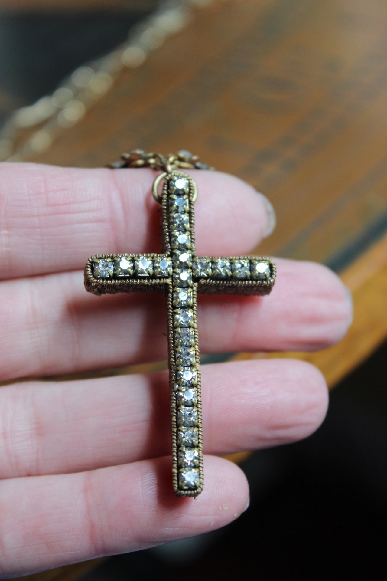 Unique Antique French Flaming Heart Ex Voto Locket & Cross Set w/Antique Faceted Prong Set Rhinestones, Filigree Connector, Embossed Bar Link Chain