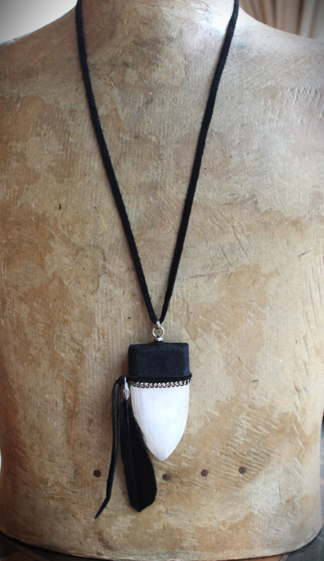 SOLD to J The Portal Necklace with Unusual Selenite Shield Pendant, Raven Wing Feather and Black Suede Leather Ties
