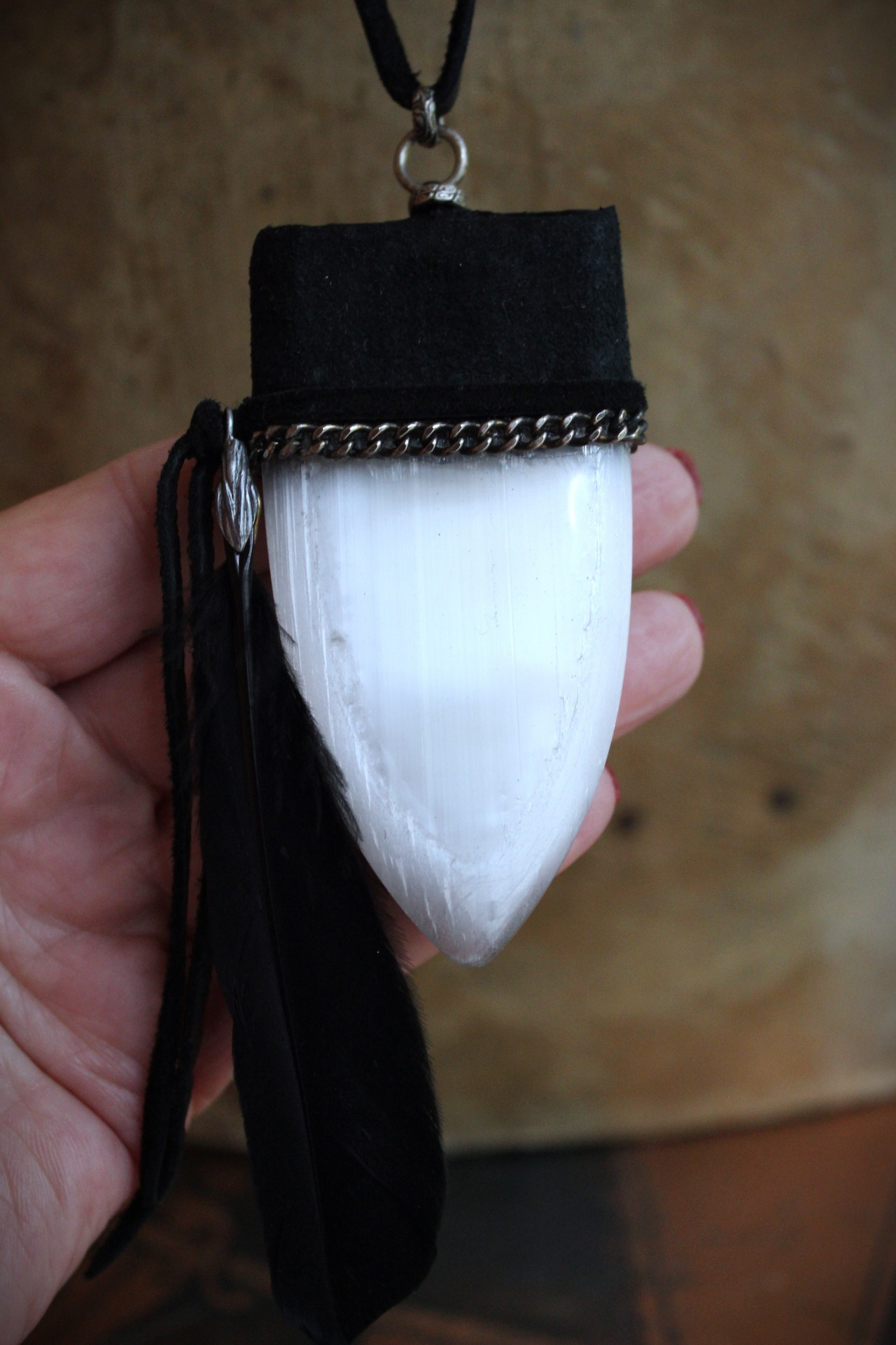 SOLD to J The Portal Necklace with Unusual Selenite Shield Pendant, Raven Wing Feather and Black Suede Leather Ties