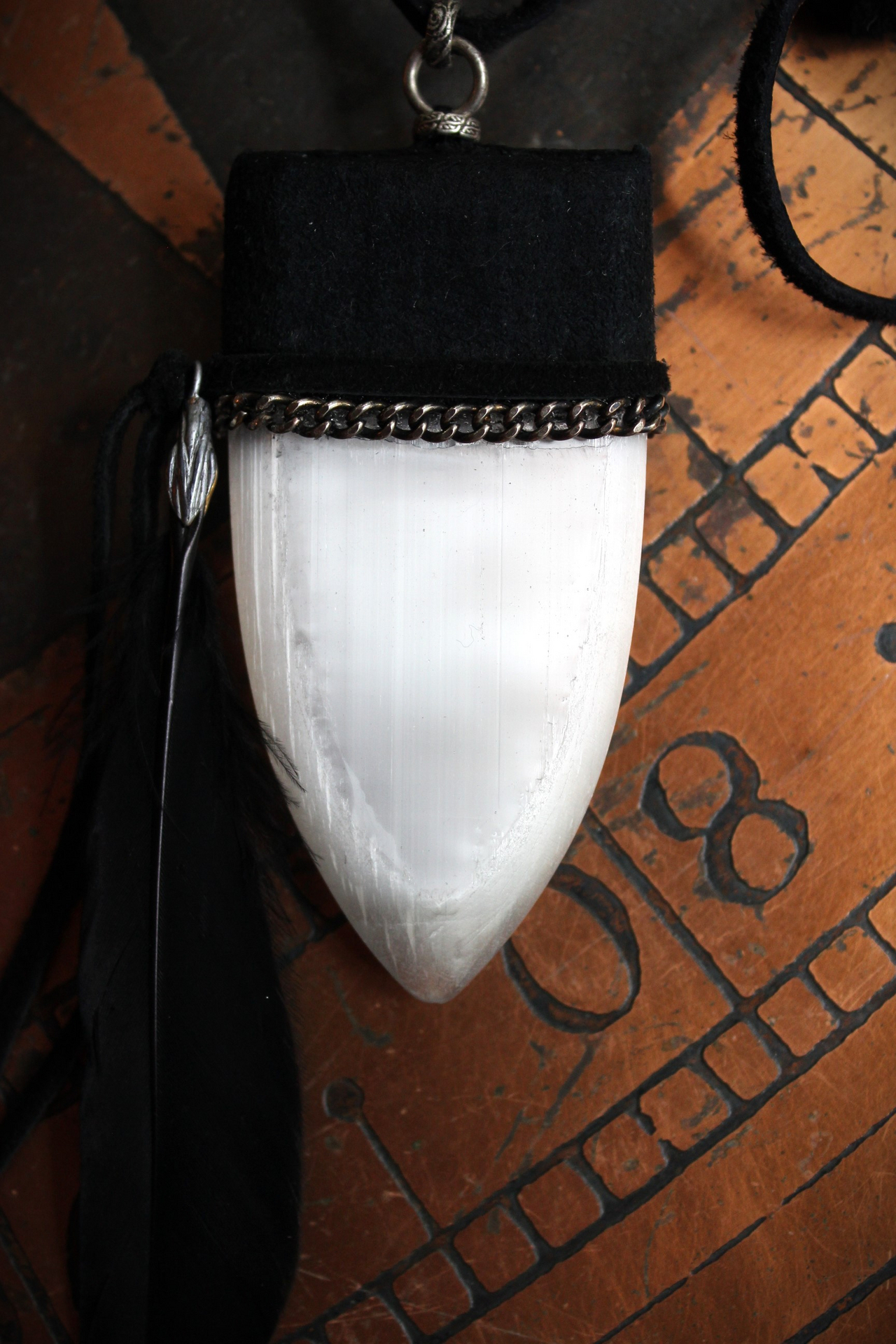 SOLD to J The Portal Necklace with Unusual Selenite Shield Pendant, Raven Wing Feather and Black Suede Leather Ties