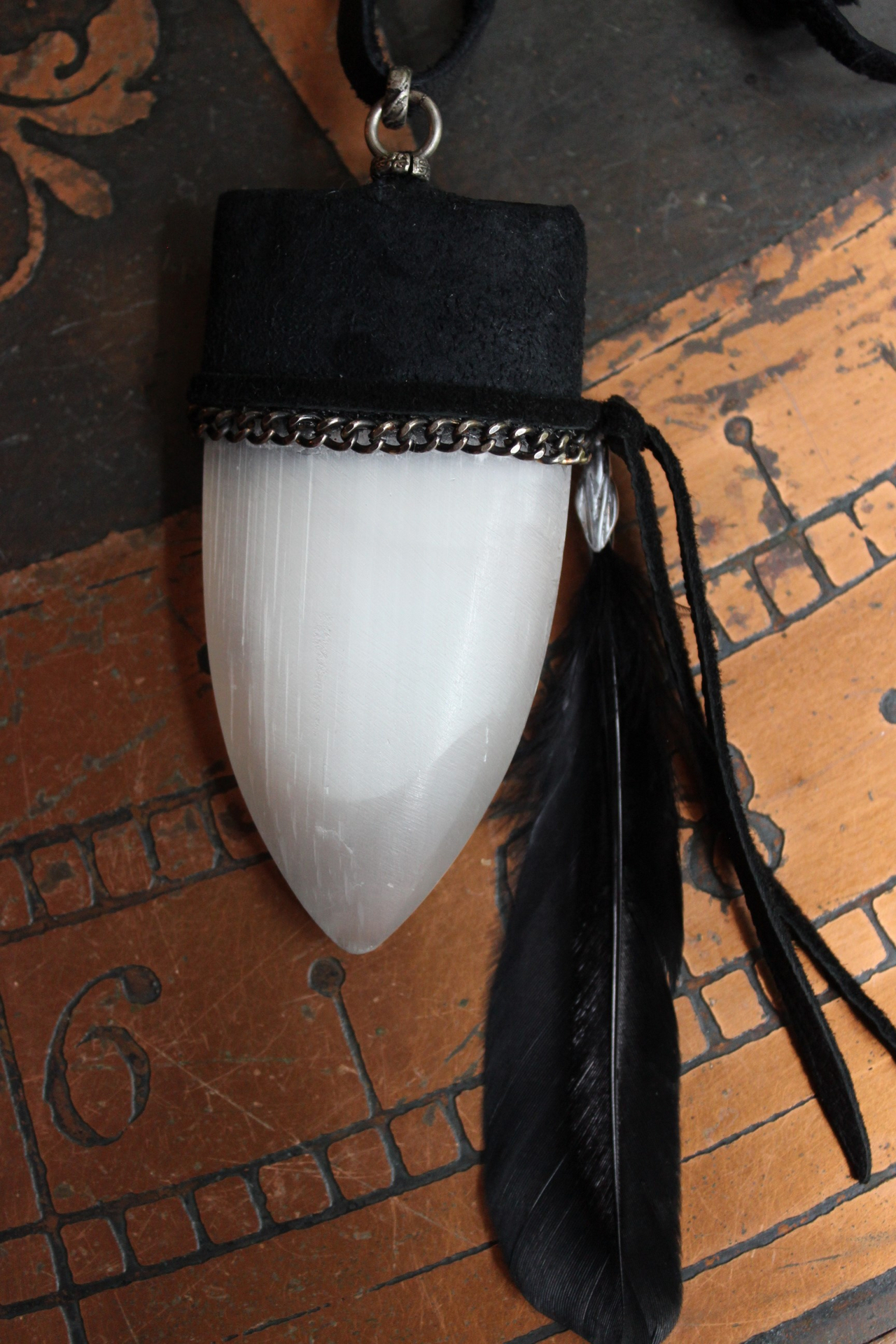 SOLD to J The Portal Necklace with Unusual Selenite Shield Pendant, Raven Wing Feather and Black Suede Leather Ties