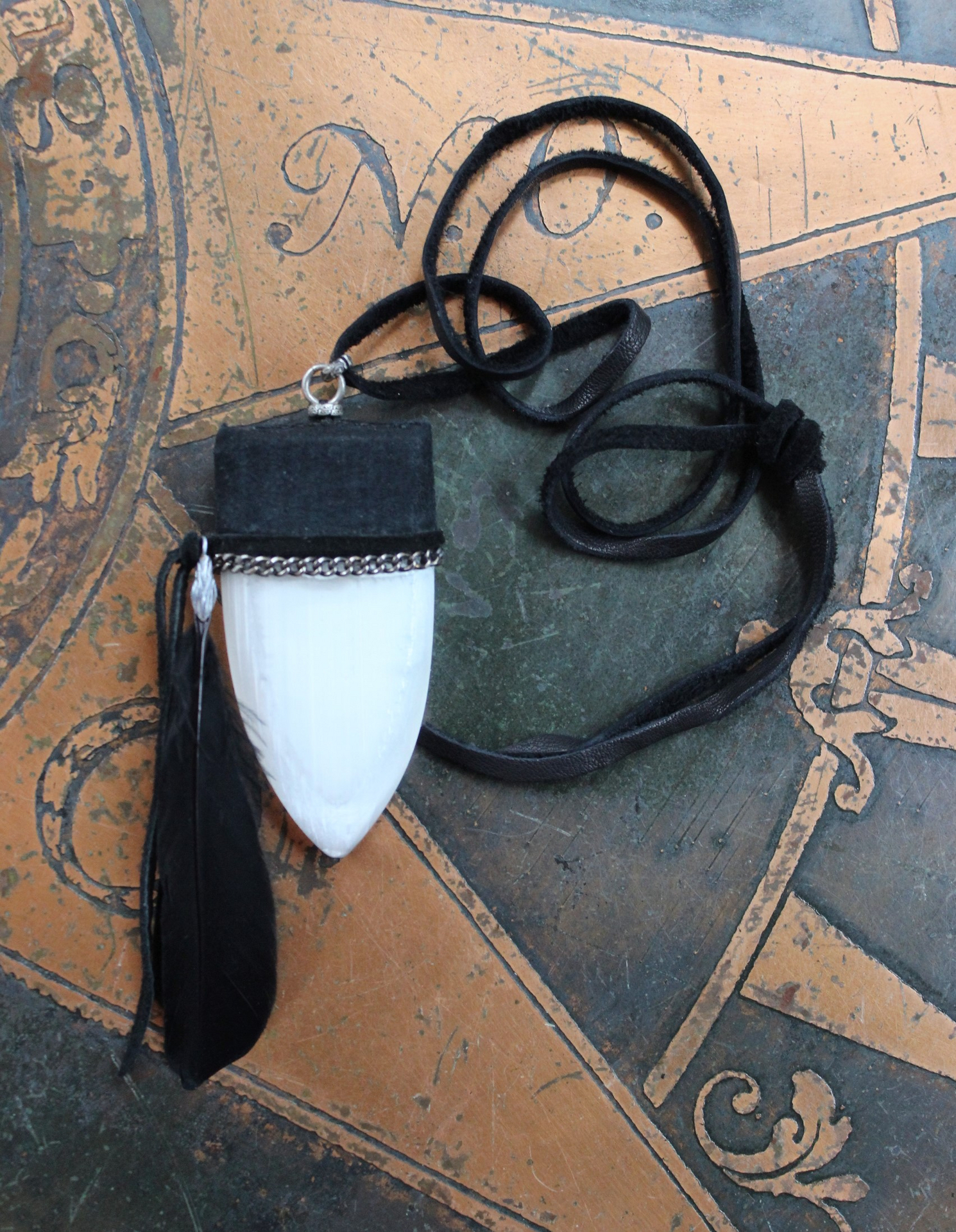 SOLD to J The Portal Necklace with Unusual Selenite Shield Pendant, Raven Wing Feather and Black Suede Leather Ties