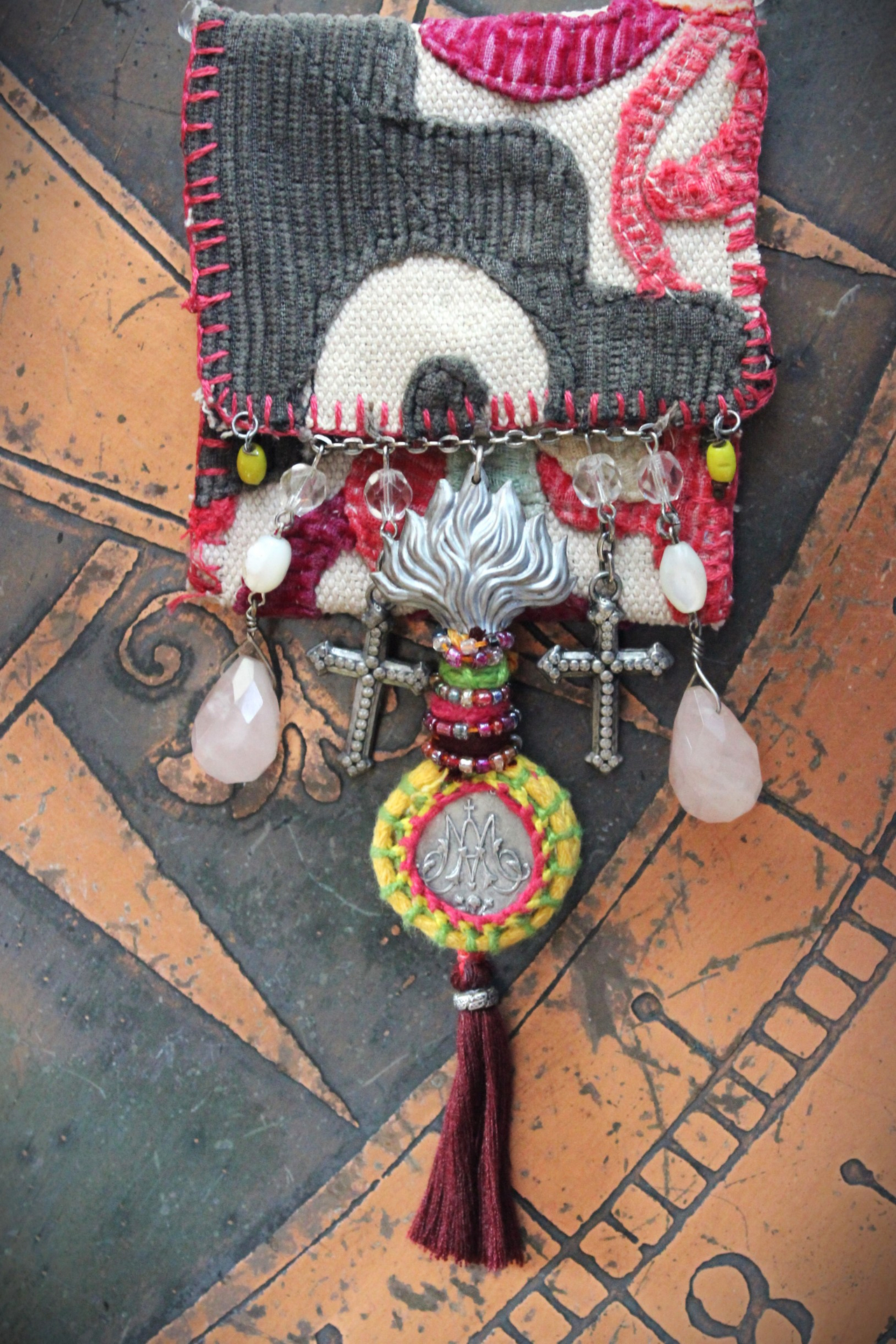 Antique Corduroy Textile Pouch Necklace with Unique Tassel,Faceted Rose Quartz Tear Drops,Antique Rosary Fragments,Antique Scapular & More!