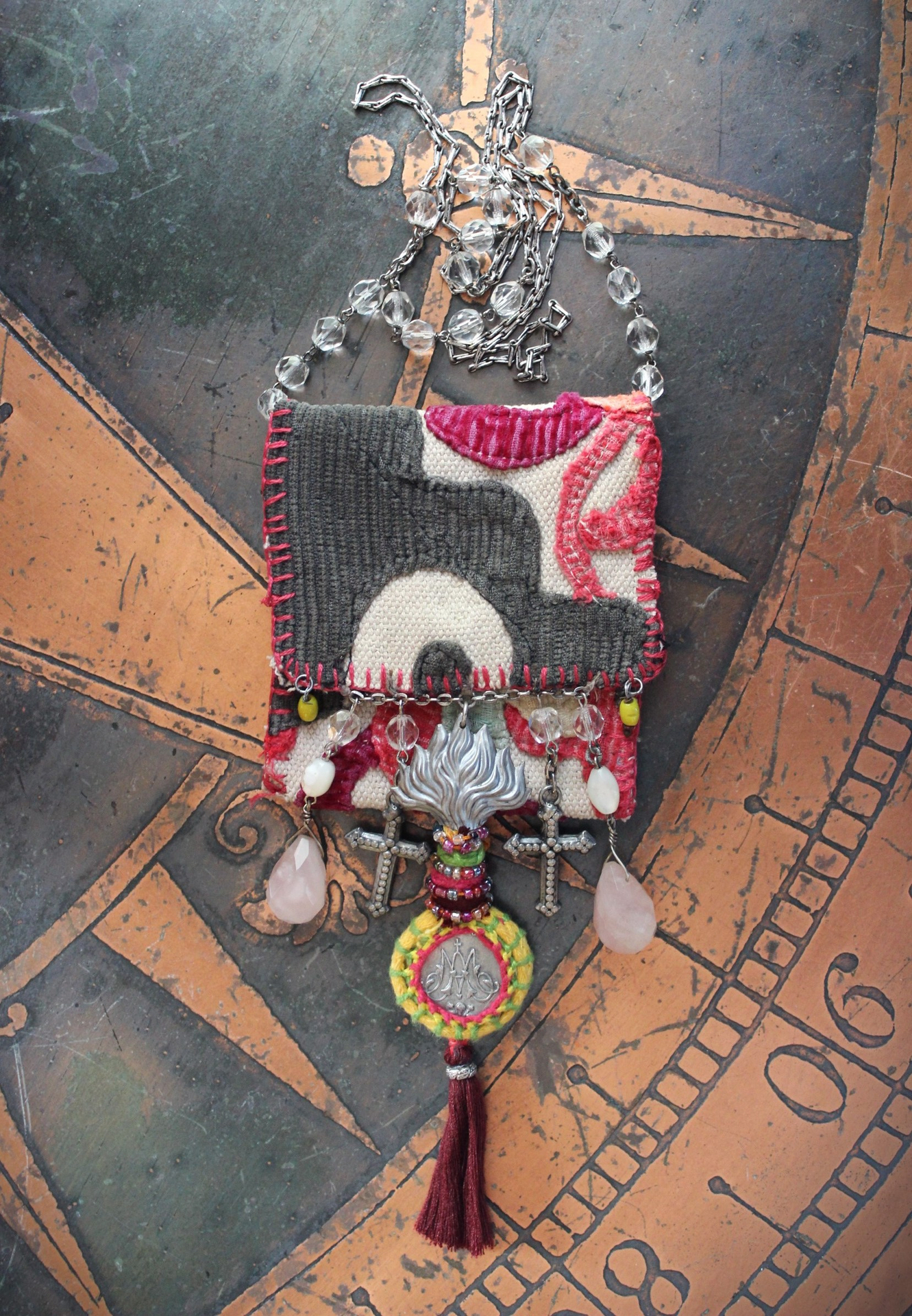 Antique Corduroy Textile Pouch Necklace with Unique Tassel,Faceted Rose Quartz Tear Drops,Antique Rosary Fragments,Antique Scapular & More!