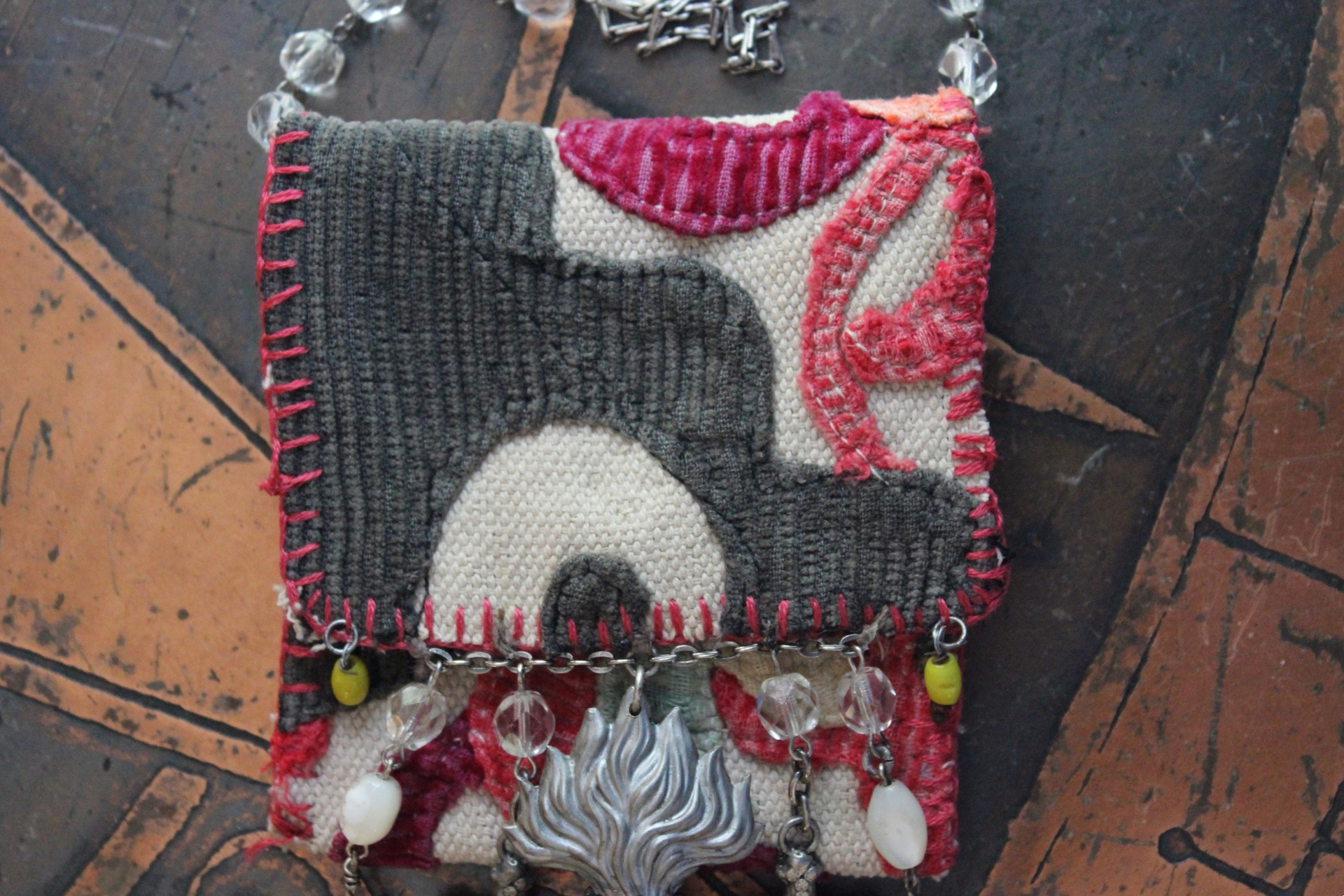 Antique Corduroy Textile Pouch Necklace with Unique Tassel,Faceted Rose Quartz Tear Drops,Antique Rosary Fragments,Antique Scapular & More!