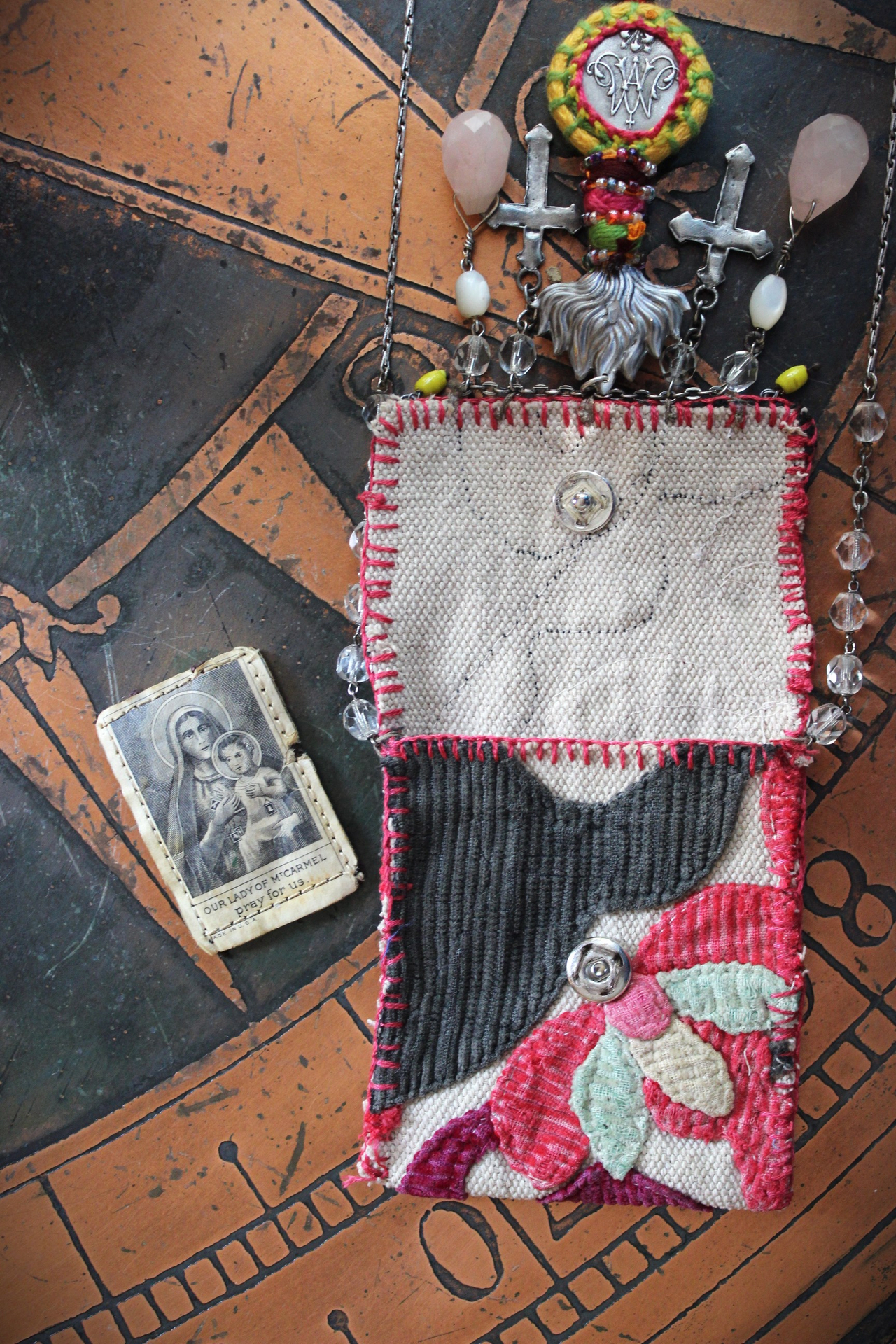 Antique Corduroy Textile Pouch Necklace with Unique Tassel,Faceted Rose Quartz Tear Drops,Antique Rosary Fragments,Antique Scapular & More!