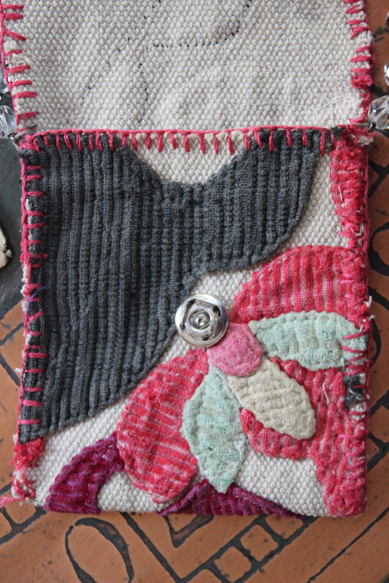 Antique Corduroy Textile Pouch Necklace with Unique Tassel,Faceted Rose Quartz Tear Drops,Antique Rosary Fragments,Antique Scapular & More!