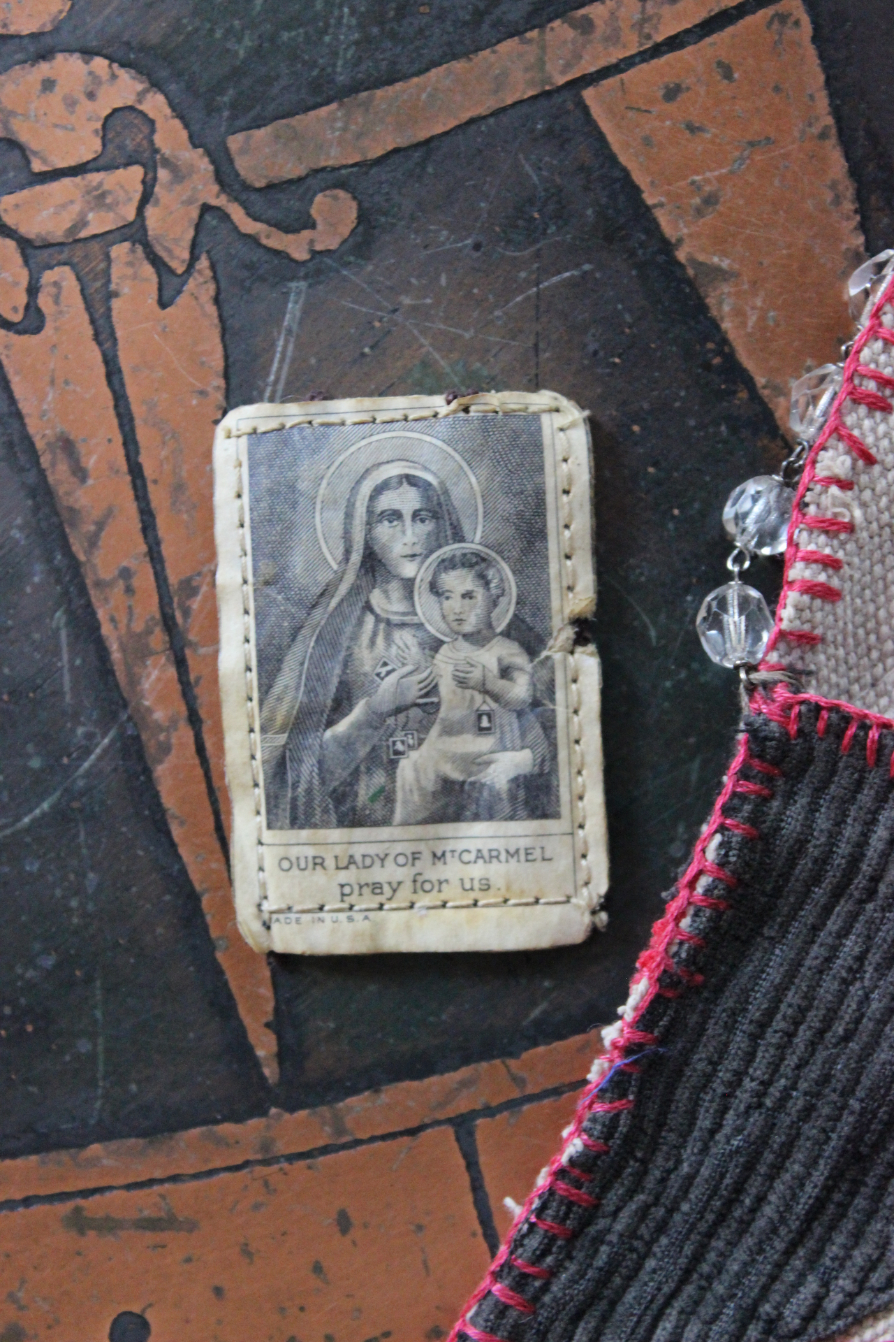 Antique Corduroy Textile Pouch Necklace with Unique Tassel,Faceted Rose Quartz Tear Drops,Antique Rosary Fragments,Antique Scapular & More!