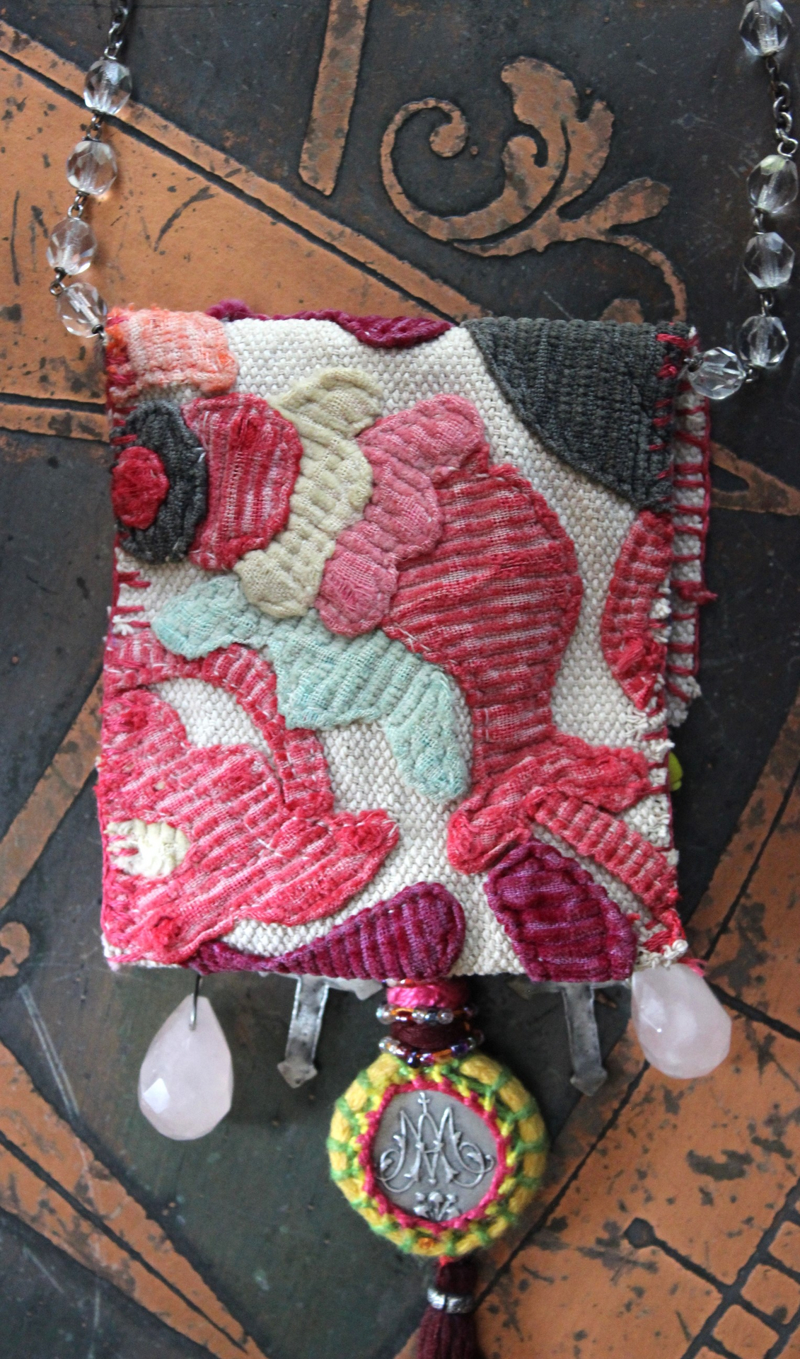 Antique Corduroy Textile Pouch Necklace with Unique Tassel,Faceted Rose Quartz Tear Drops,Antique Rosary Fragments,Antique Scapular & More!