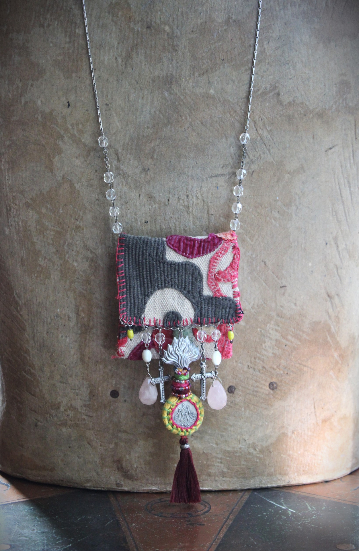 Antique Corduroy Textile Pouch Necklace with Unique Tassel,Faceted Rose Quartz Tear Drops,Antique Rosary Fragments,Antique Scapular & More!