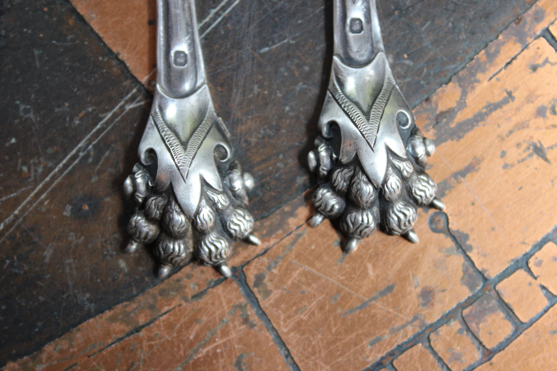 Antique French Sterling Lion Paw Earrings with Sterling Leverback Earring Wires