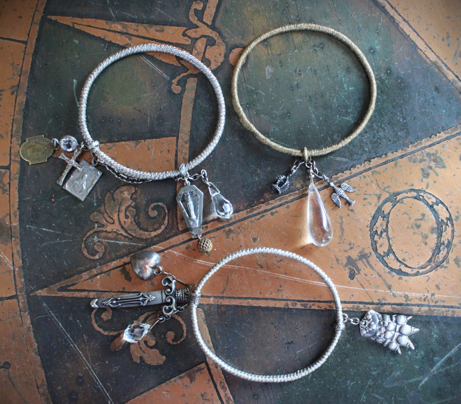 Wrapped Stacking Bangles Set with Antique French Real Metal Trims,Antique French Sterling Lion Paw,Multiple Crystals,Rock Crystal & More!