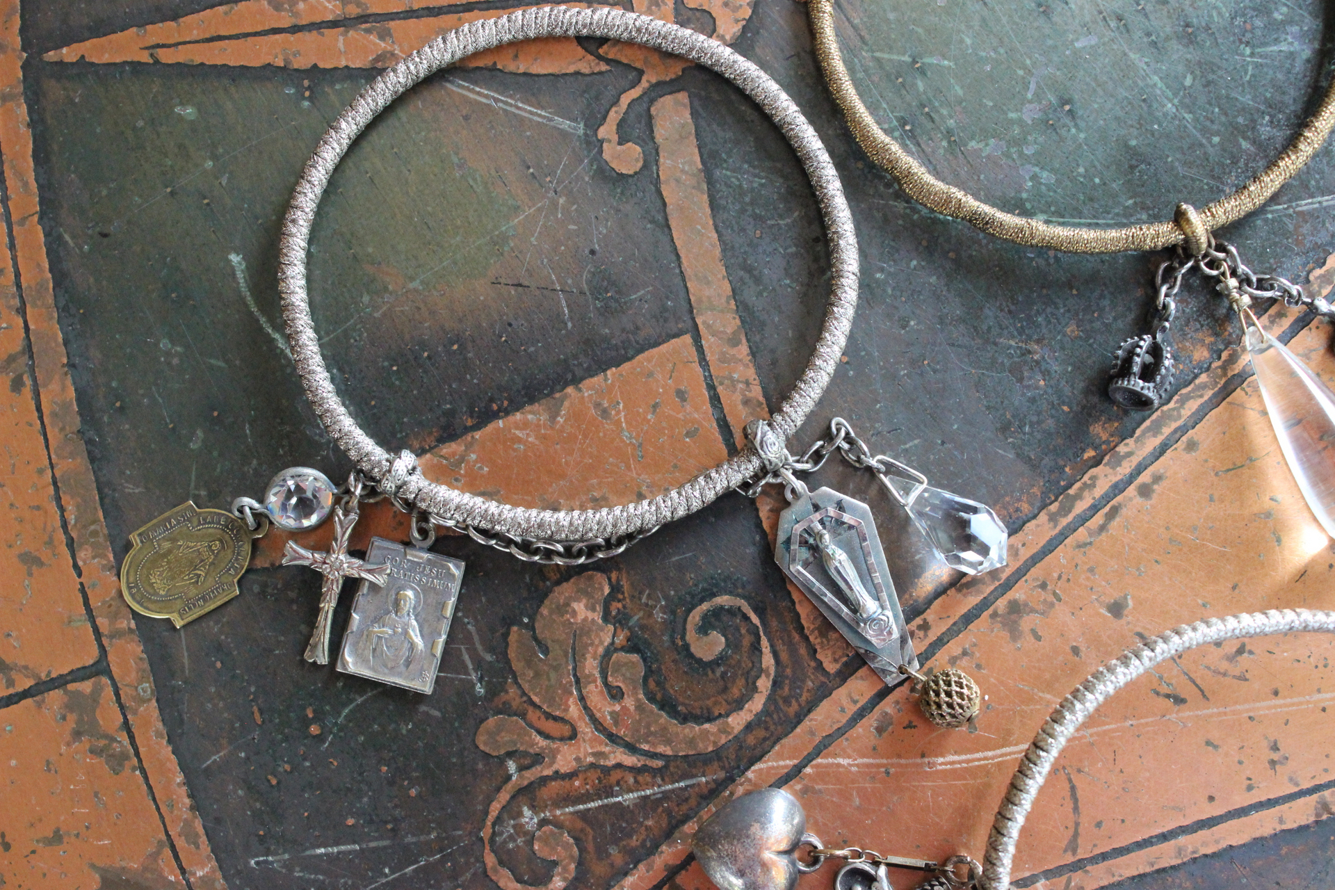 Wrapped Stacking Bangles Set with Antique French Real Metal Trims,Antique French Sterling Lion Paw,Multiple Crystals,Rock Crystal & More!