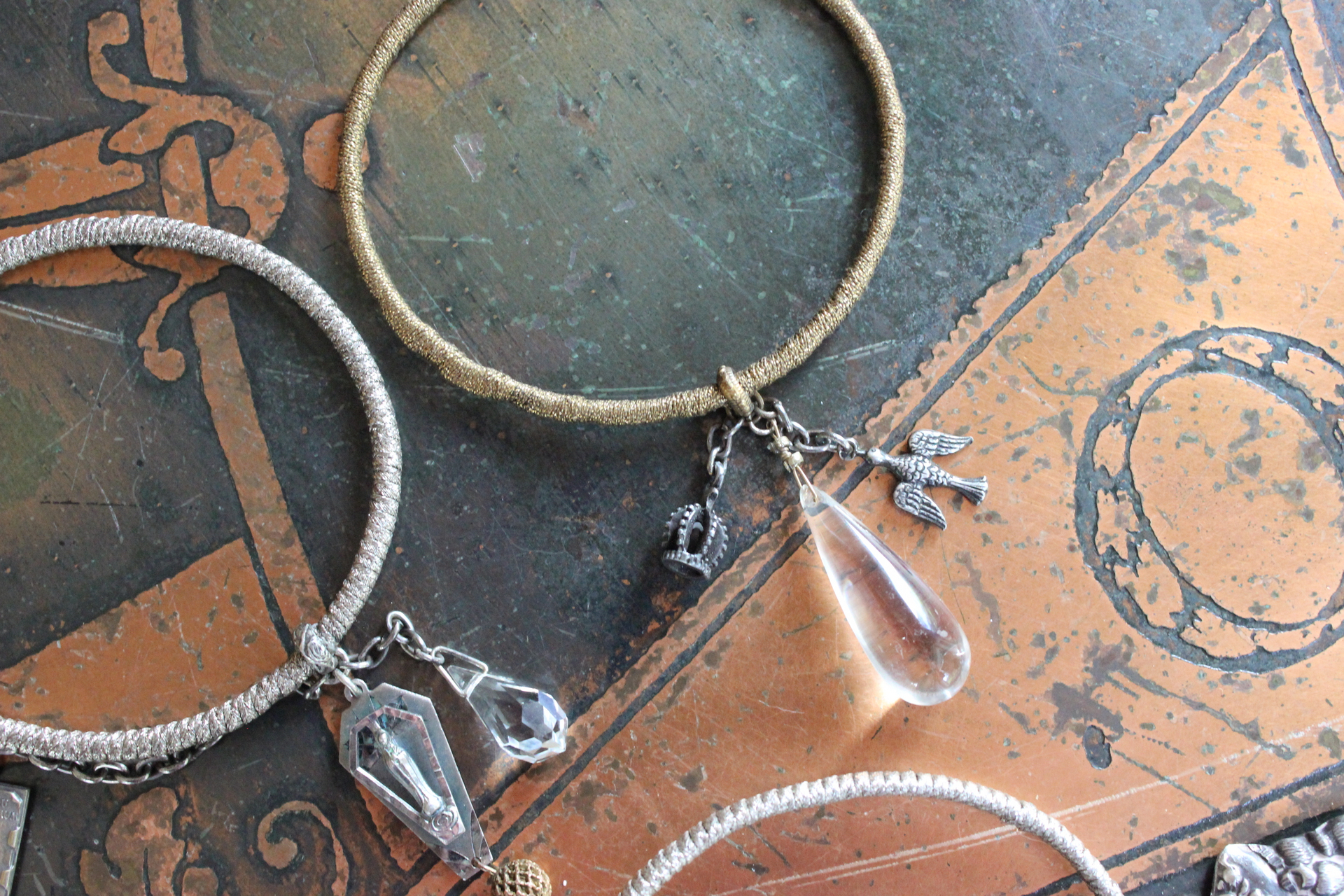 Wrapped Stacking Bangles Set with Antique French Real Metal Trims,Antique French Sterling Lion Paw,Multiple Crystals,Rock Crystal & More!