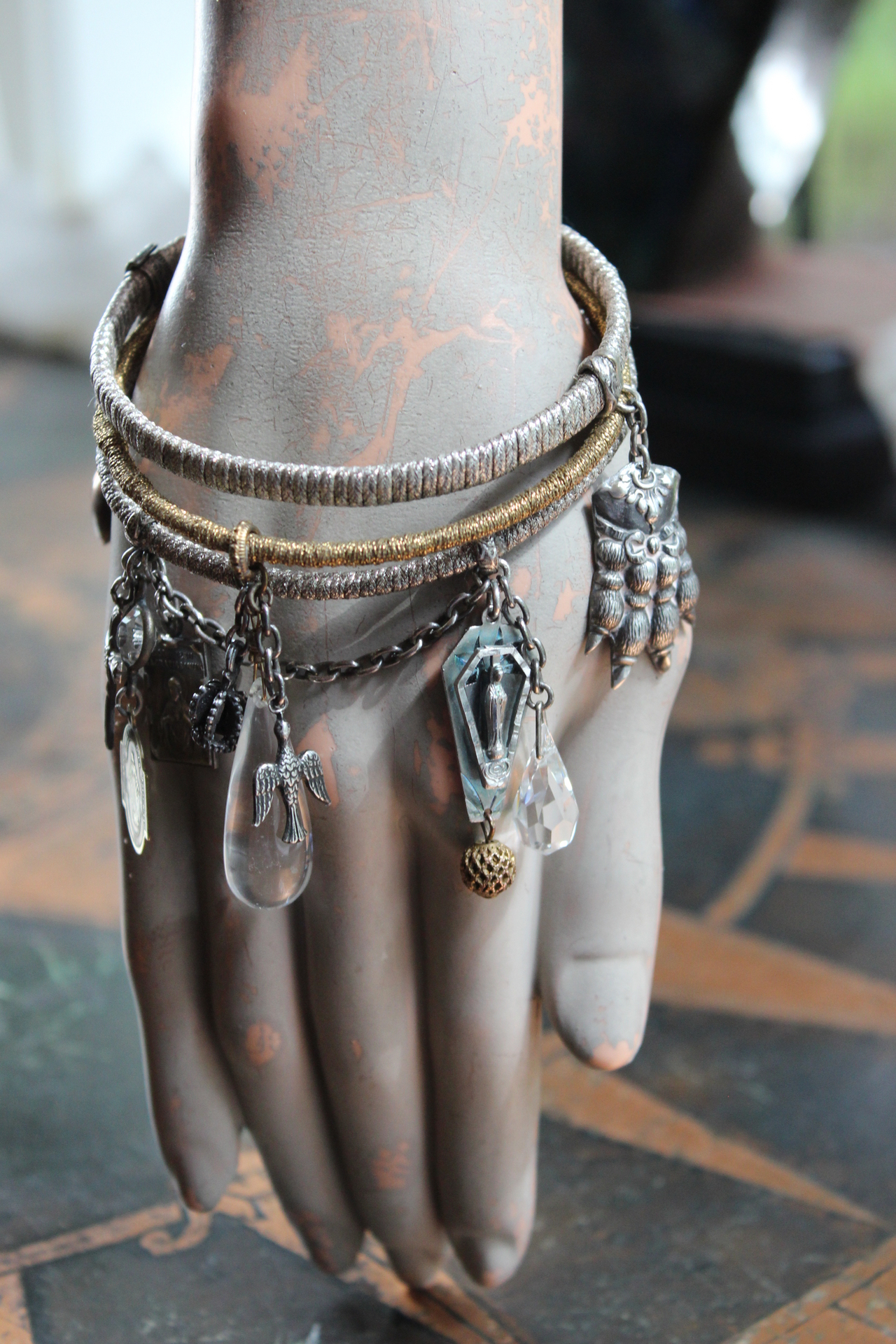 Wrapped Stacking Bangles Set with Antique French Real Metal Trims,Antique French Sterling Lion Paw,Multiple Crystals,Rock Crystal & More!