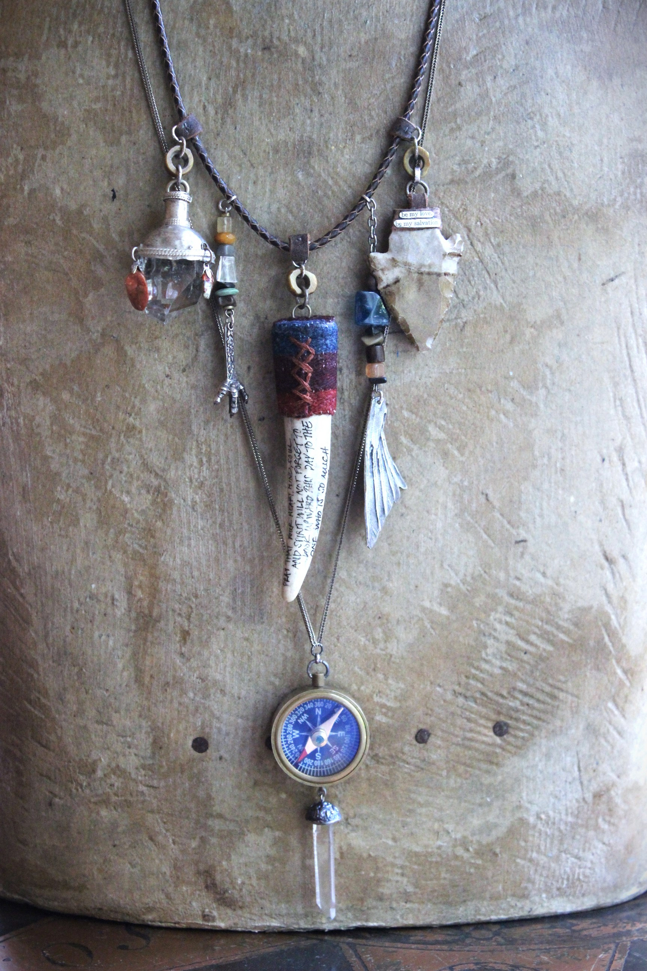 Prayer of the 7 Directions Necklace Set w/Inscribed Antler Pendant,Unique Clear Quartz Point Drop, Antique Arrowhead, Compass & More!