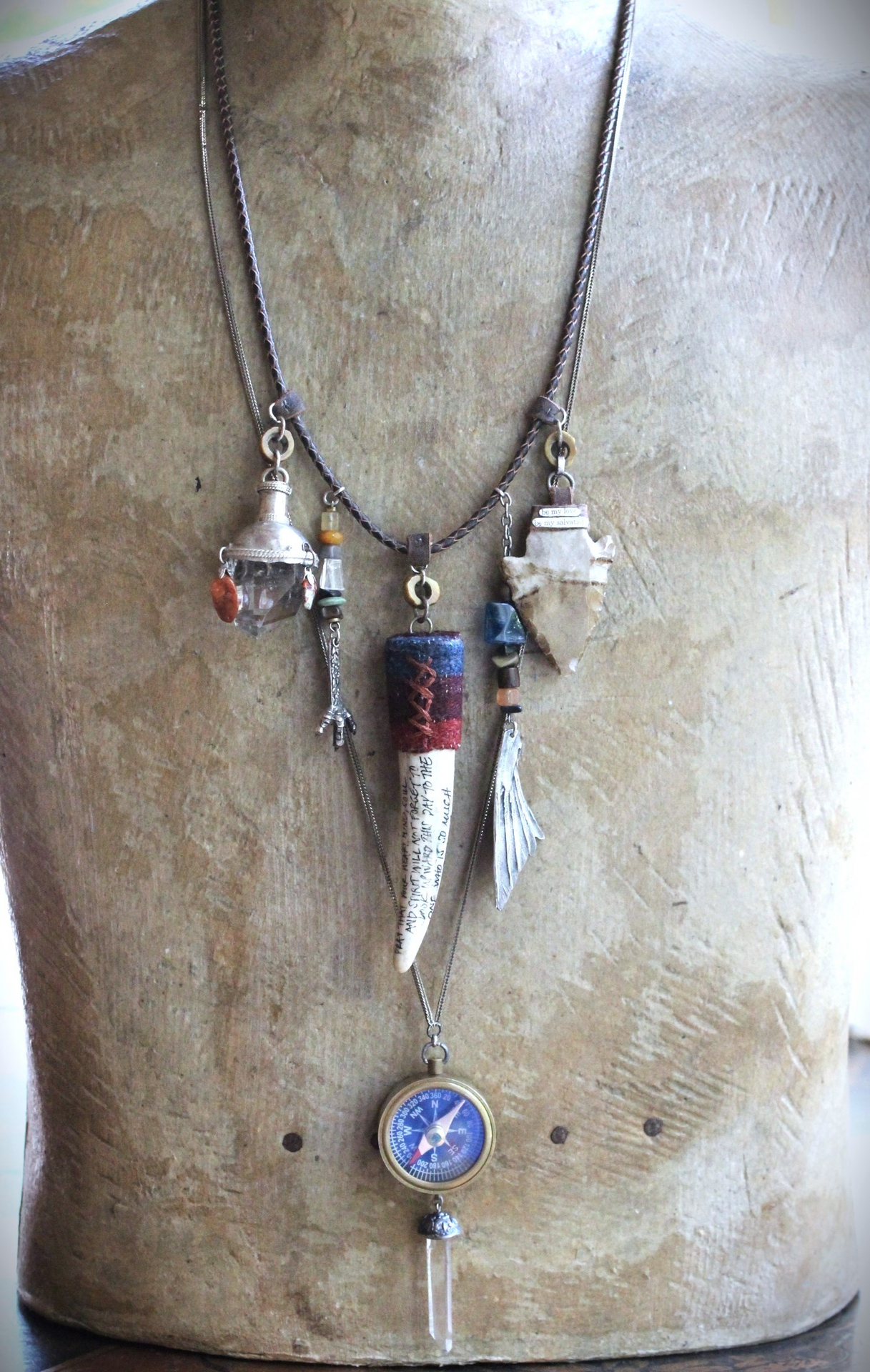 Prayer of the 7 Directions Necklace Set w/Inscribed Antler Pendant,Unique Clear Quartz Point Drop, Antique Arrowhead, Compass & More!