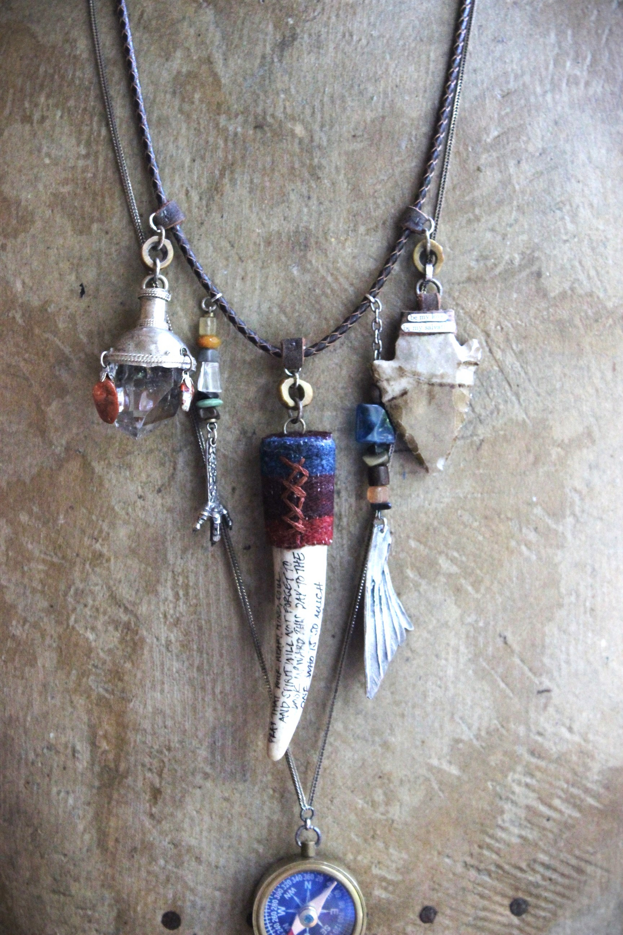 Prayer of the 7 Directions Necklace Set w/Inscribed Antler Pendant,Unique Clear Quartz Point Drop, Antique Arrowhead, Compass & More!