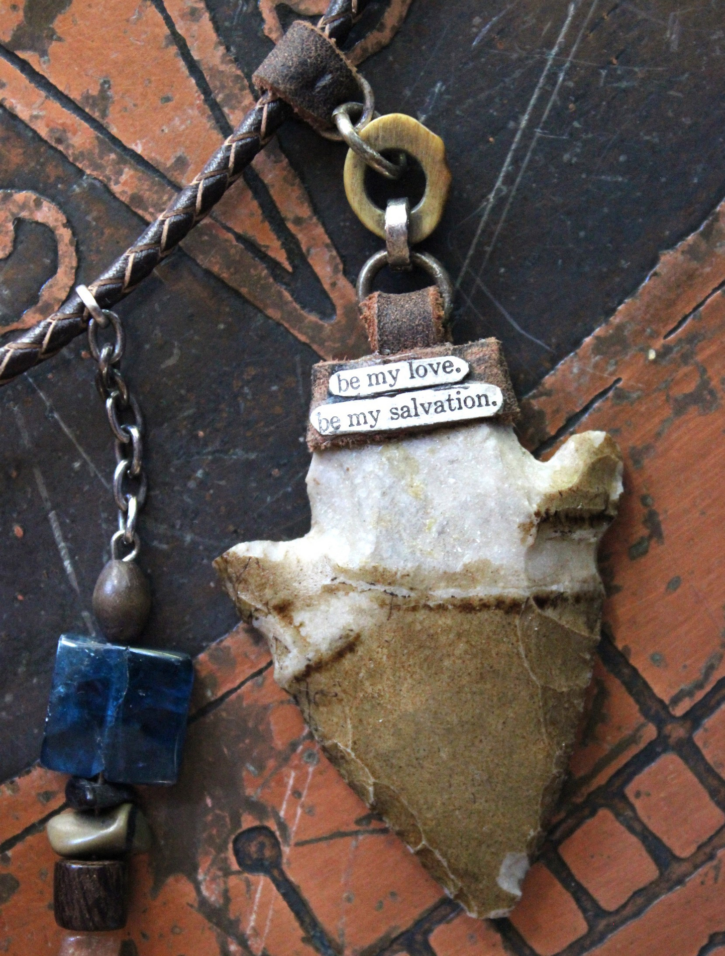 Prayer of the 7 Directions Necklace Set w/Inscribed Antler Pendant,Unique Clear Quartz Point Drop, Antique Arrowhead, Compass & More!
