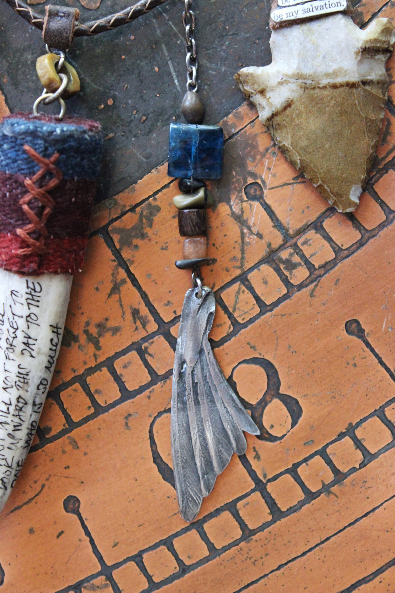 Prayer of the 7 Directions Necklace Set w/Inscribed Antler Pendant,Unique Clear Quartz Point Drop, Antique Arrowhead, Compass & More!