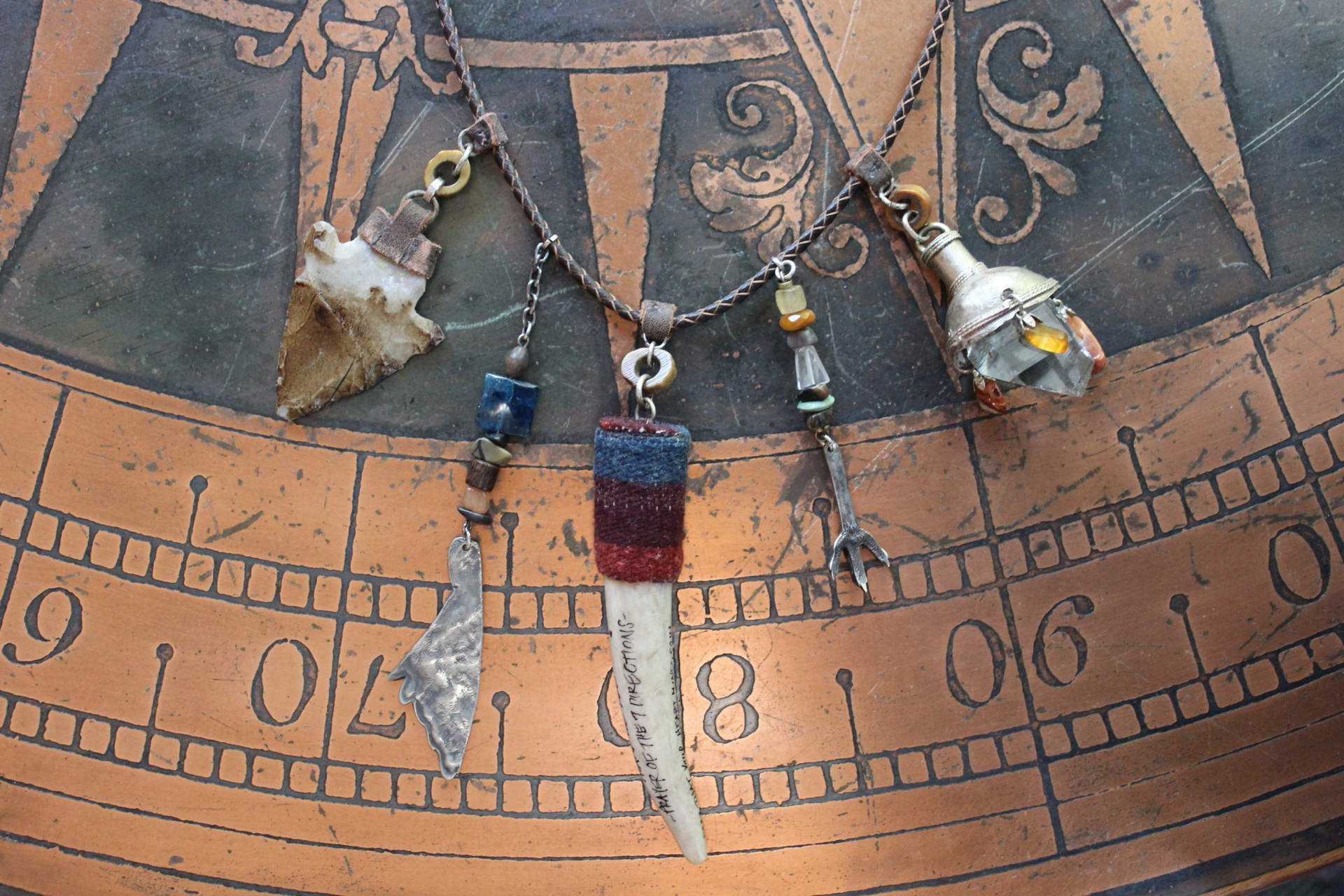 Prayer of the 7 Directions Necklace Set w/Inscribed Antler Pendant,Unique Clear Quartz Point Drop, Antique Arrowhead, Compass & More!