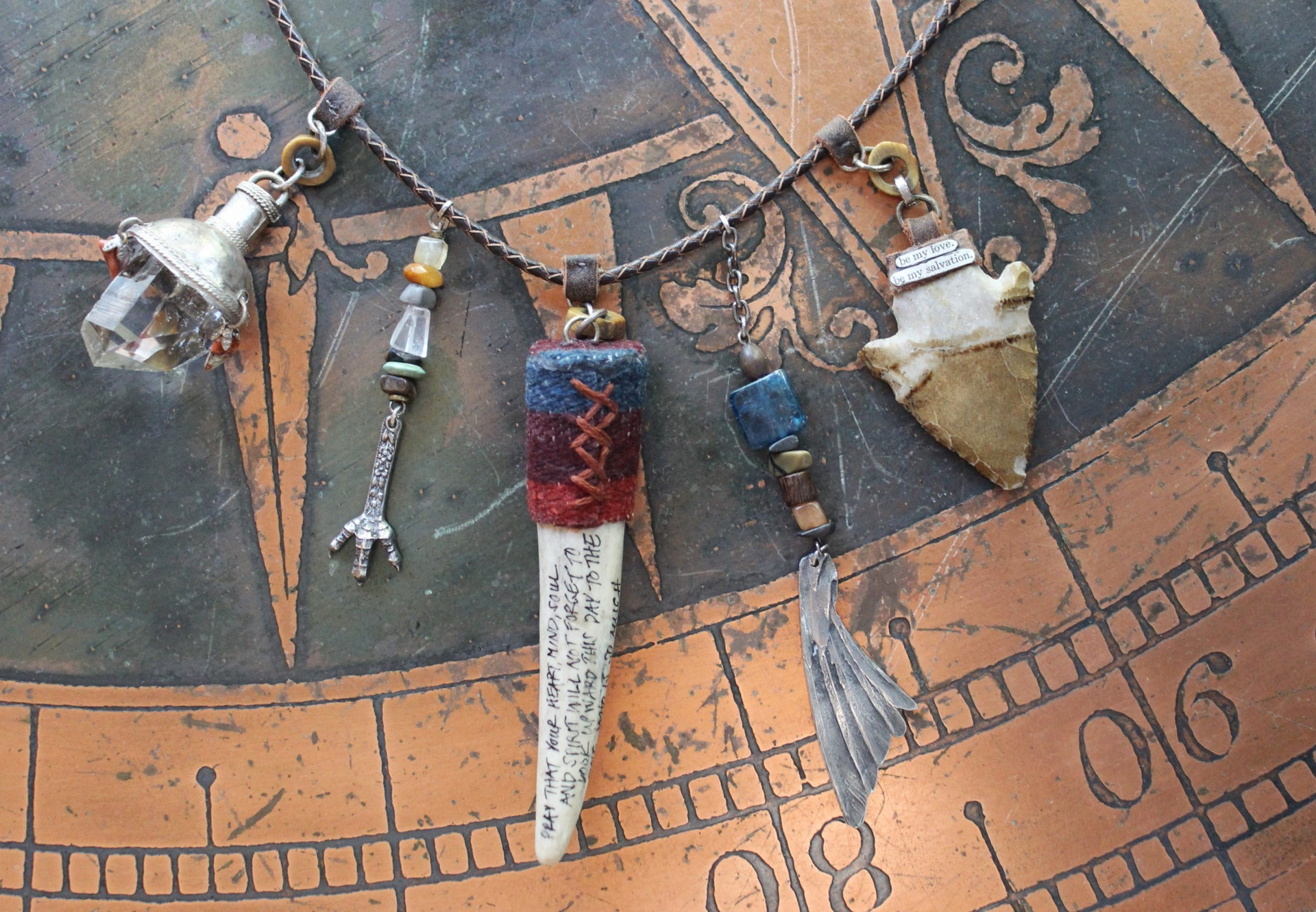 Prayer of the 7 Directions Necklace Set w/Inscribed Antler Pendant,Unique Clear Quartz Point Drop, Antique Arrowhead, Compass & More!