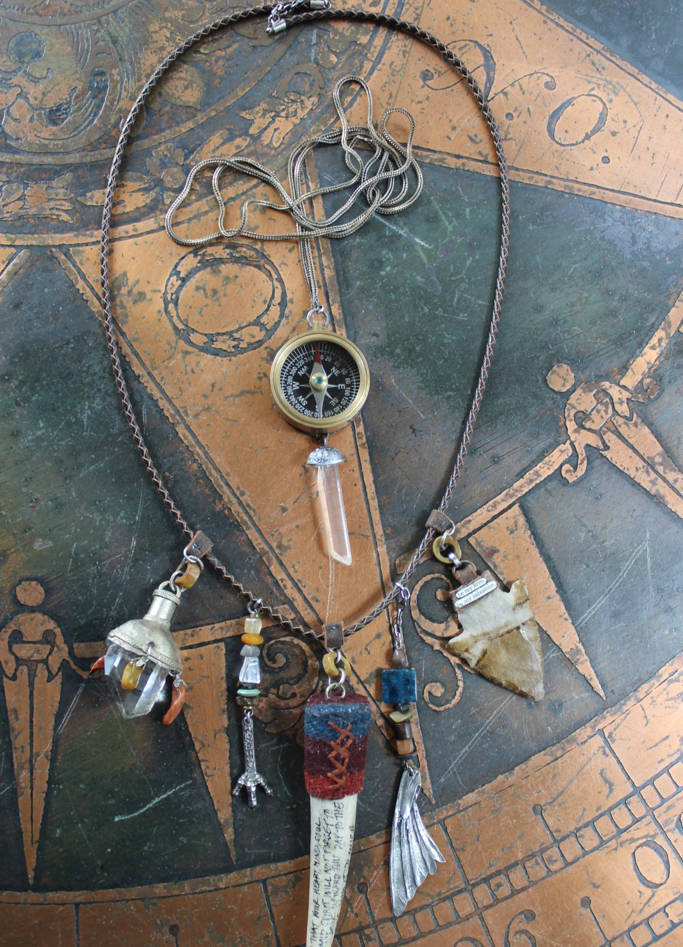 Prayer of the 7 Directions Necklace Set w/Inscribed Antler Pendant,Unique Clear Quartz Point Drop, Antique Arrowhead, Compass & More!