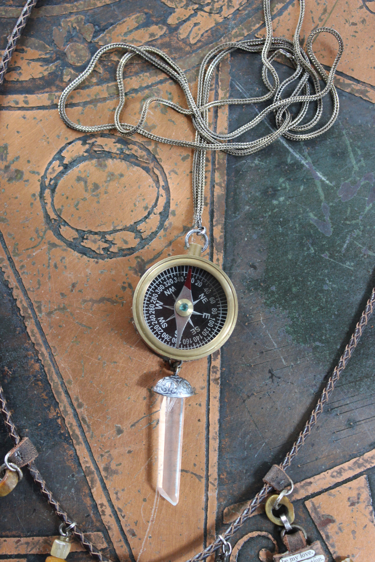 Prayer of the 7 Directions Necklace Set w/Inscribed Antler Pendant,Unique Clear Quartz Point Drop, Antique Arrowhead, Compass & More!