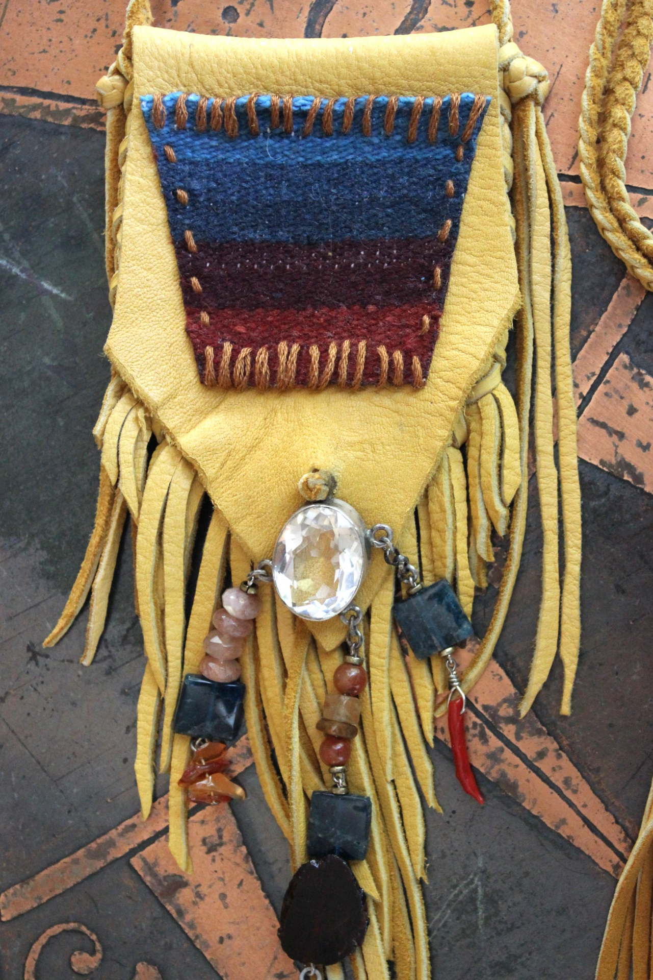 Butter Soft Leather Pouch Necklace & Earring Set w/Antique Serape Textile Fragments, Sterling Bezel Set Faceted Rock Crystal, Polished Kyanite & More!