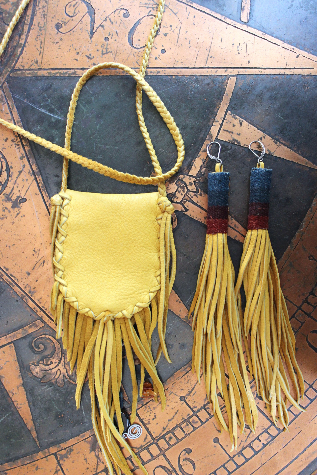 Butter Soft Leather Pouch Necklace & Earring Set w/Antique Serape Textile Fragments, Sterling Bezel Set Faceted Rock Crystal, Polished Kyanite & More!