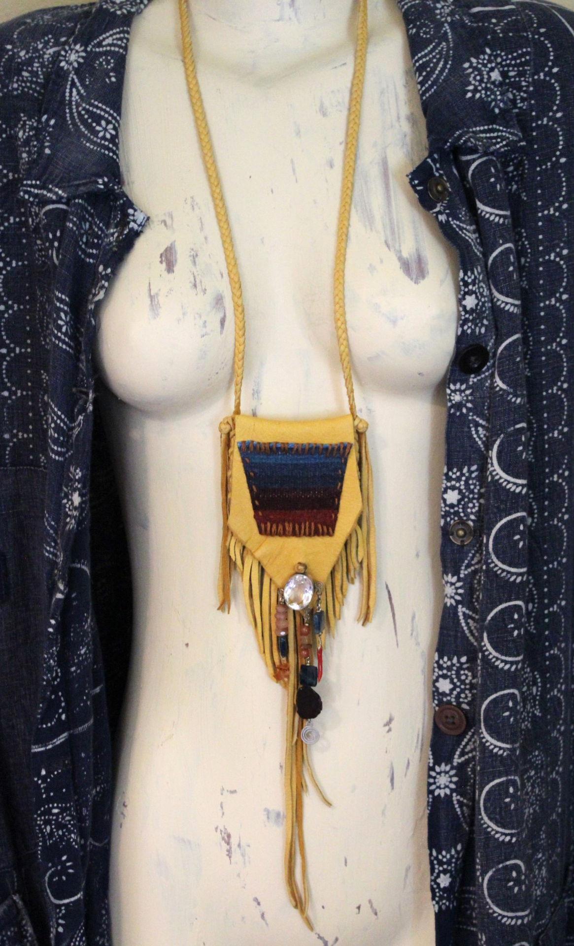 Butter Soft Leather Pouch Necklace & Earring Set w/Antique Serape Textile Fragments, Sterling Bezel Set Faceted Rock Crystal, Polished Kyanite & More!